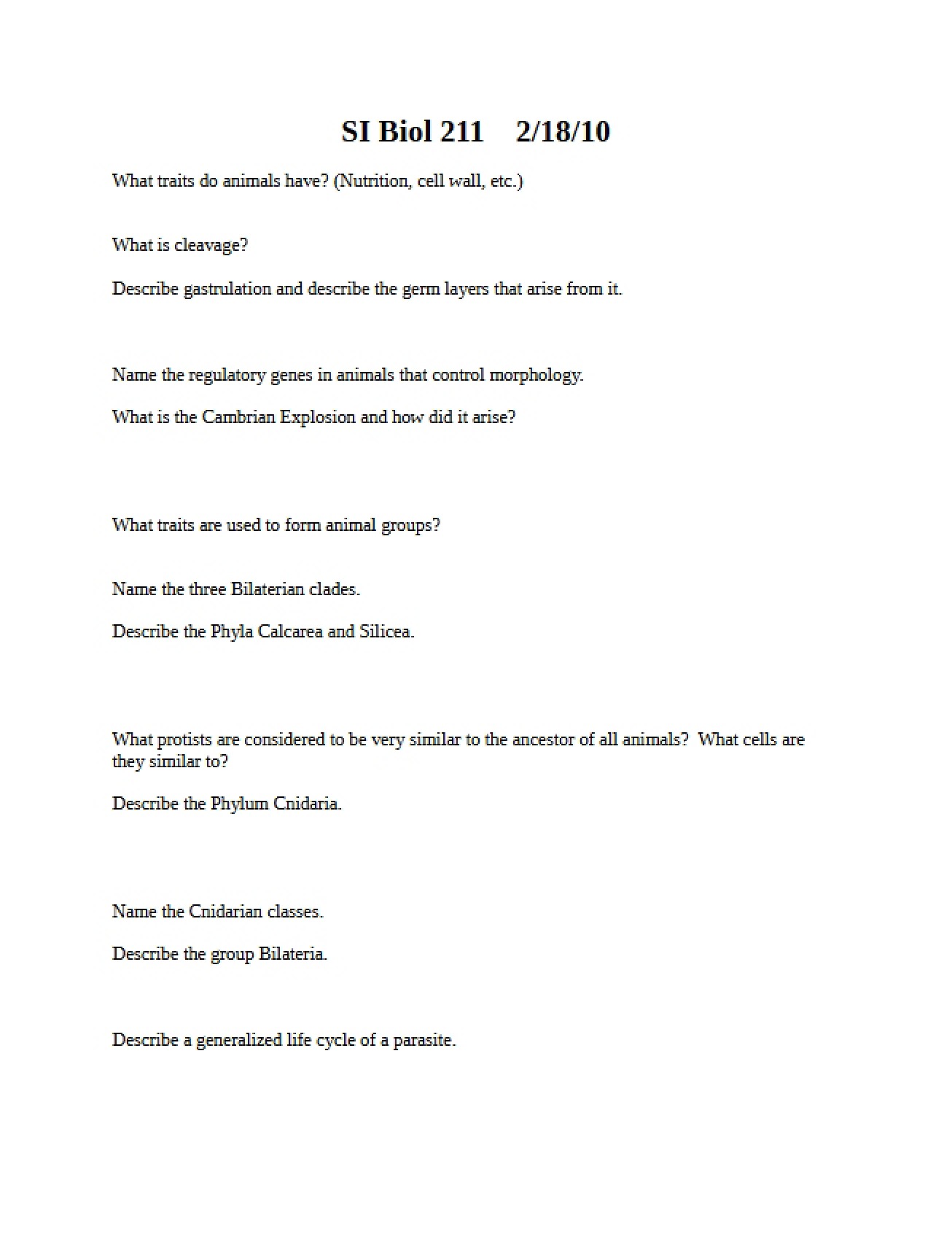 Sample Test for the Biology I Course