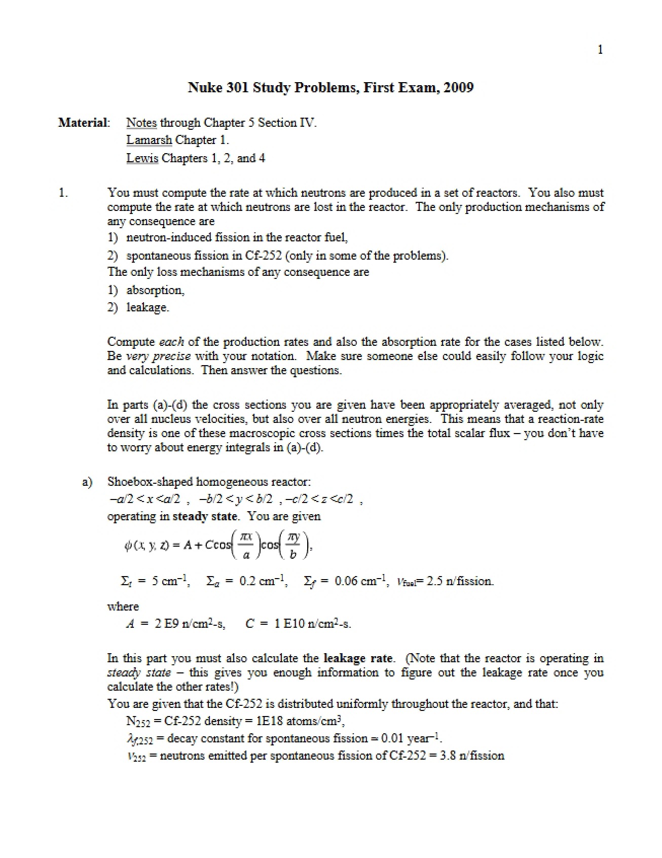 NUEN 301 Study Problems for Exam 1 (2009)