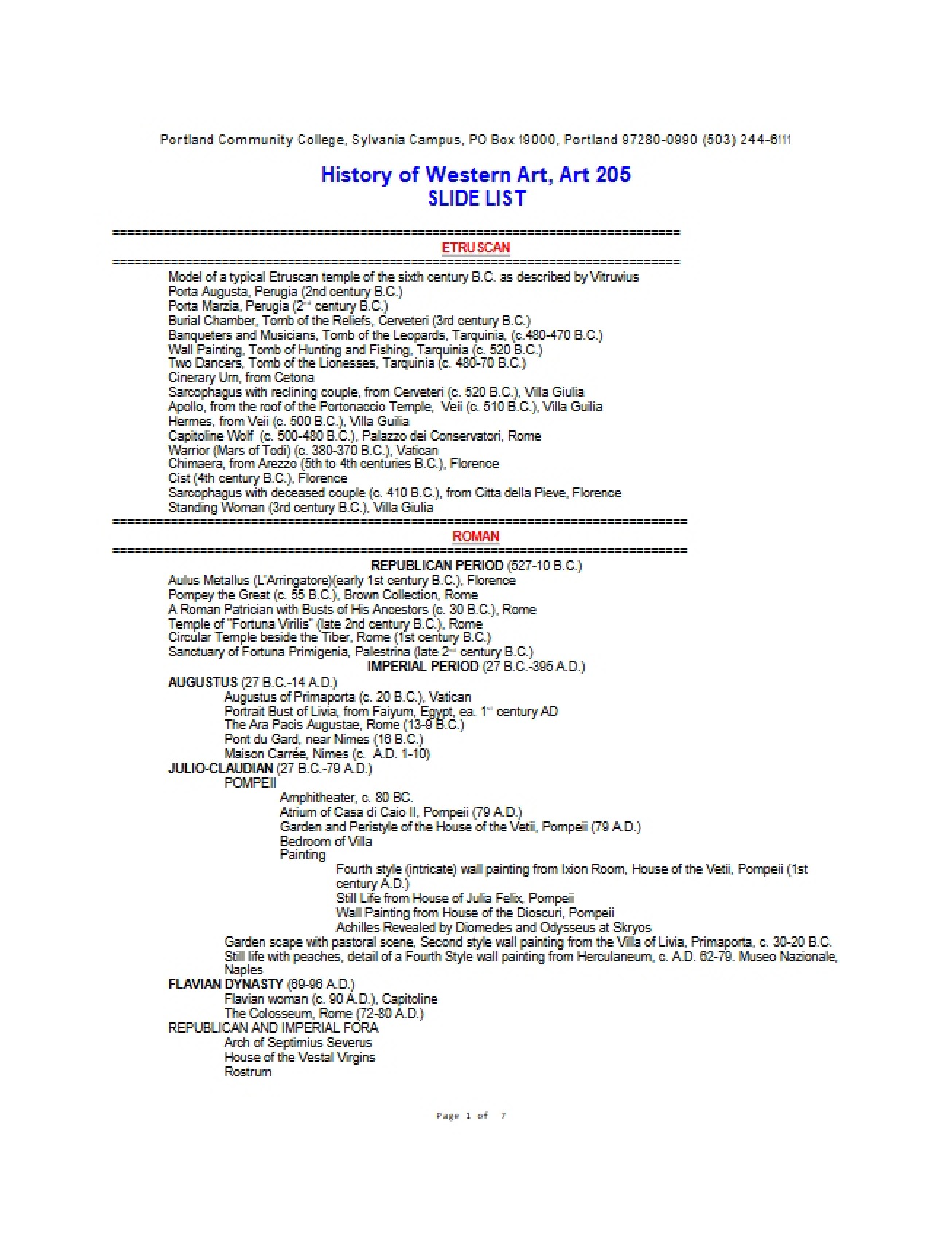 List of Slides for the History of Western Art