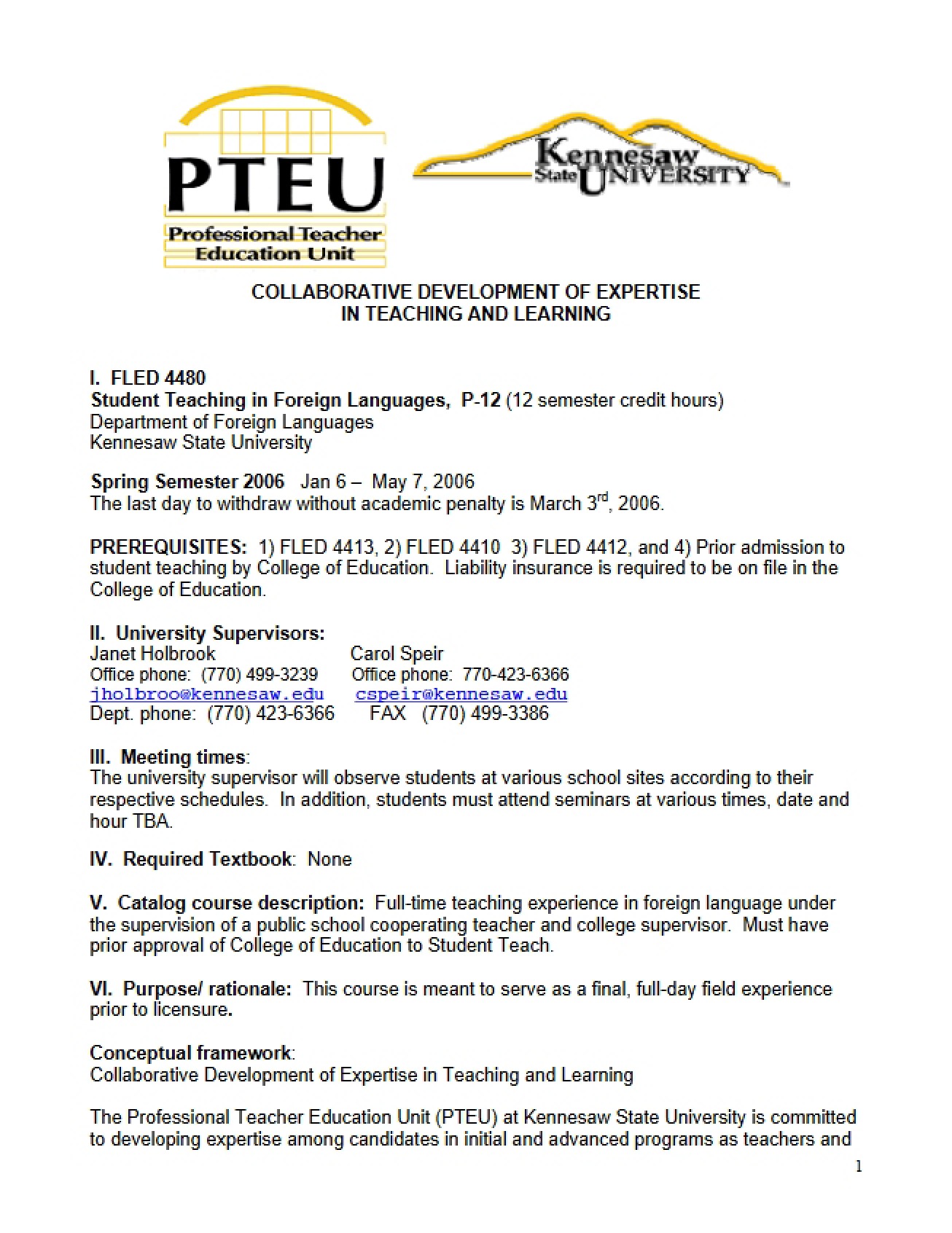 Course Outline for FL P-12 Student Teaching