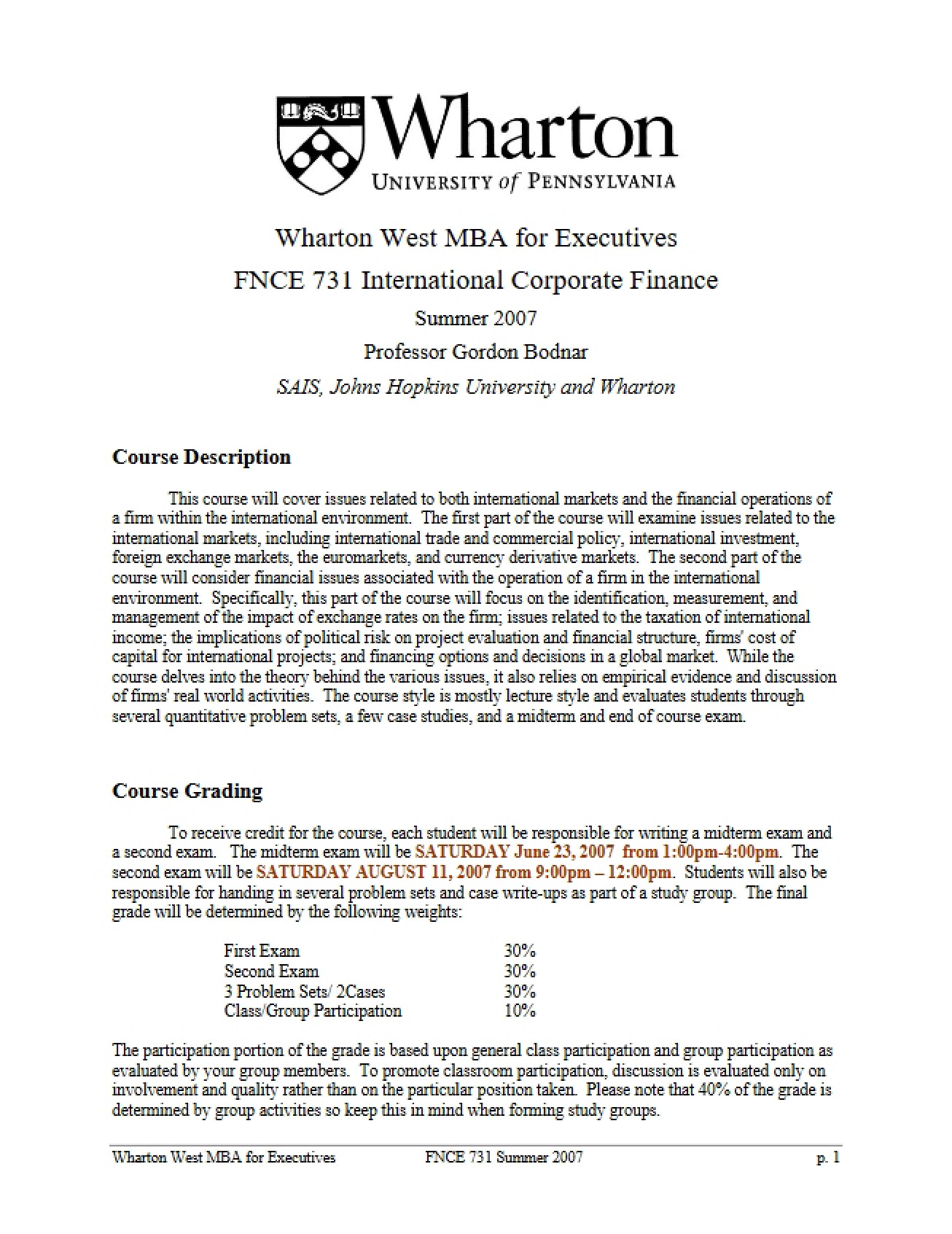 FNCE 731 Syllabus (I)