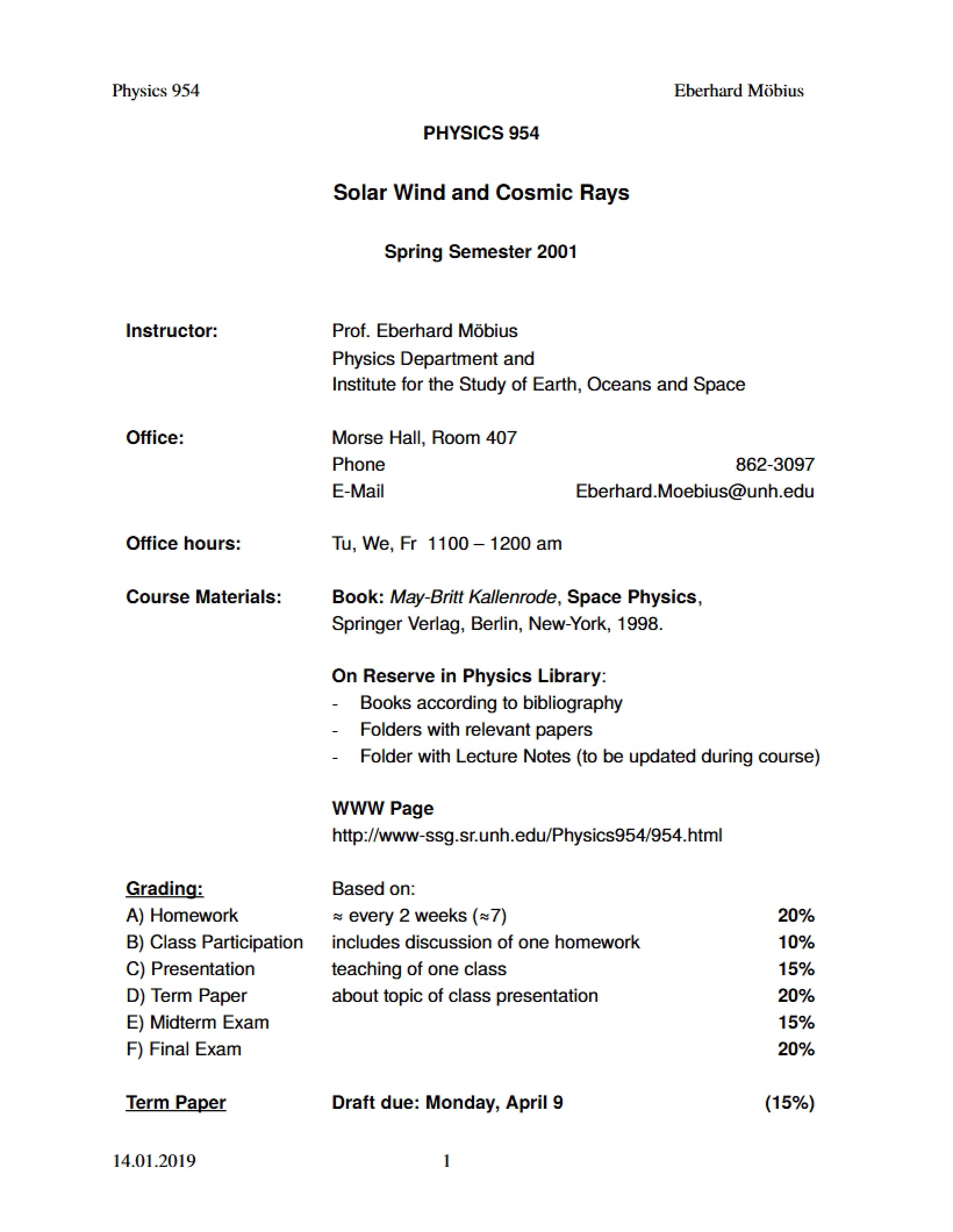 Syllabus for Heliospheric Physics