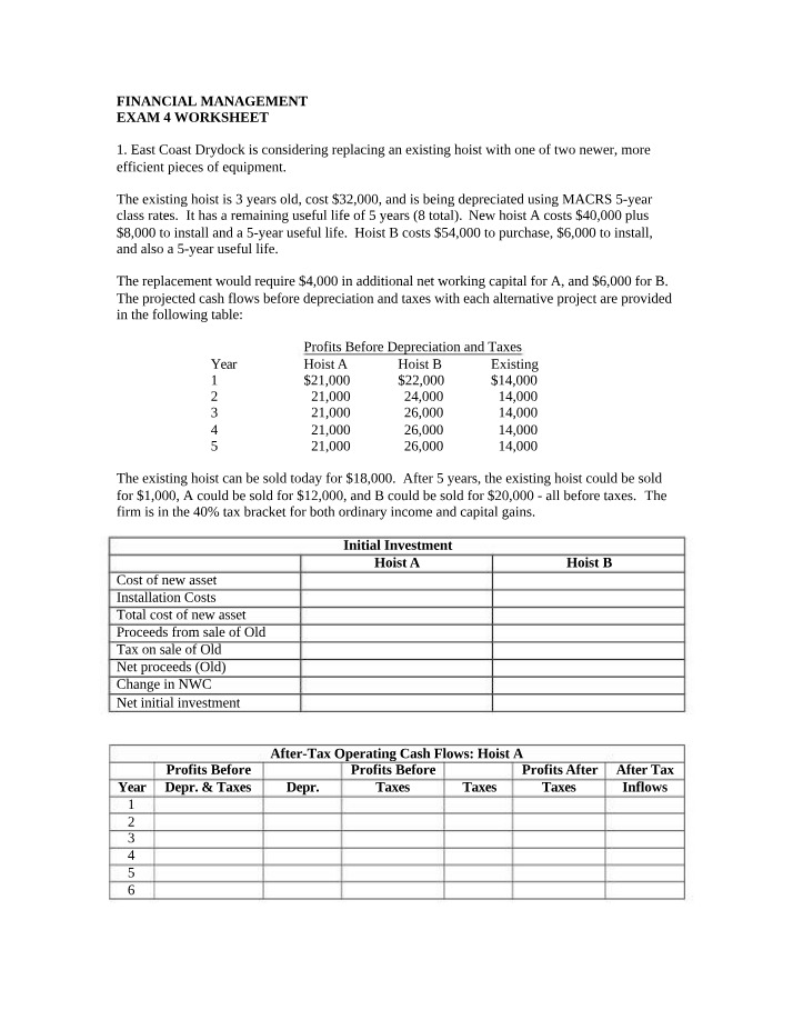 Worksheet for Exam 4