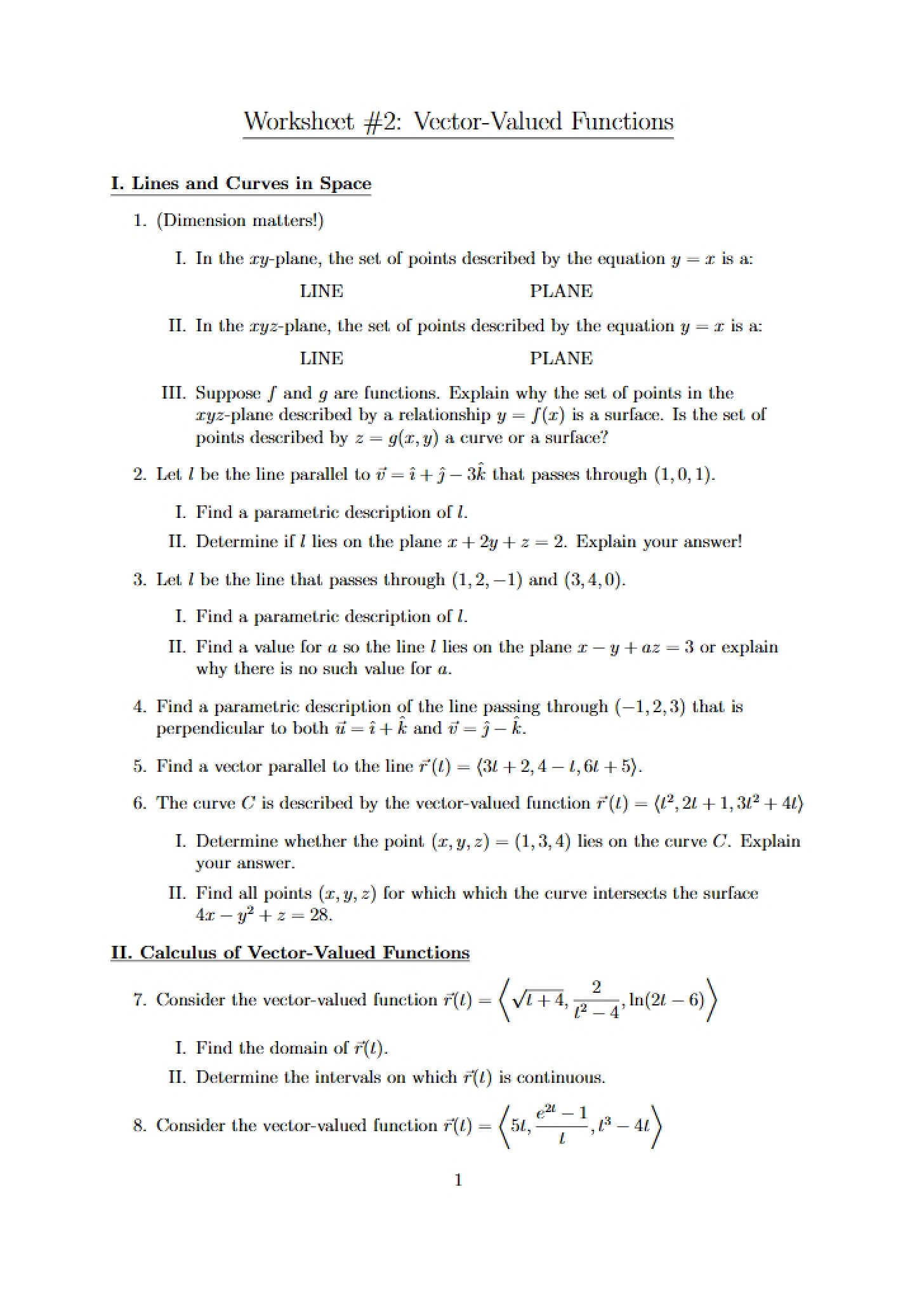 Vector Valued Functions (Worksheet 2)