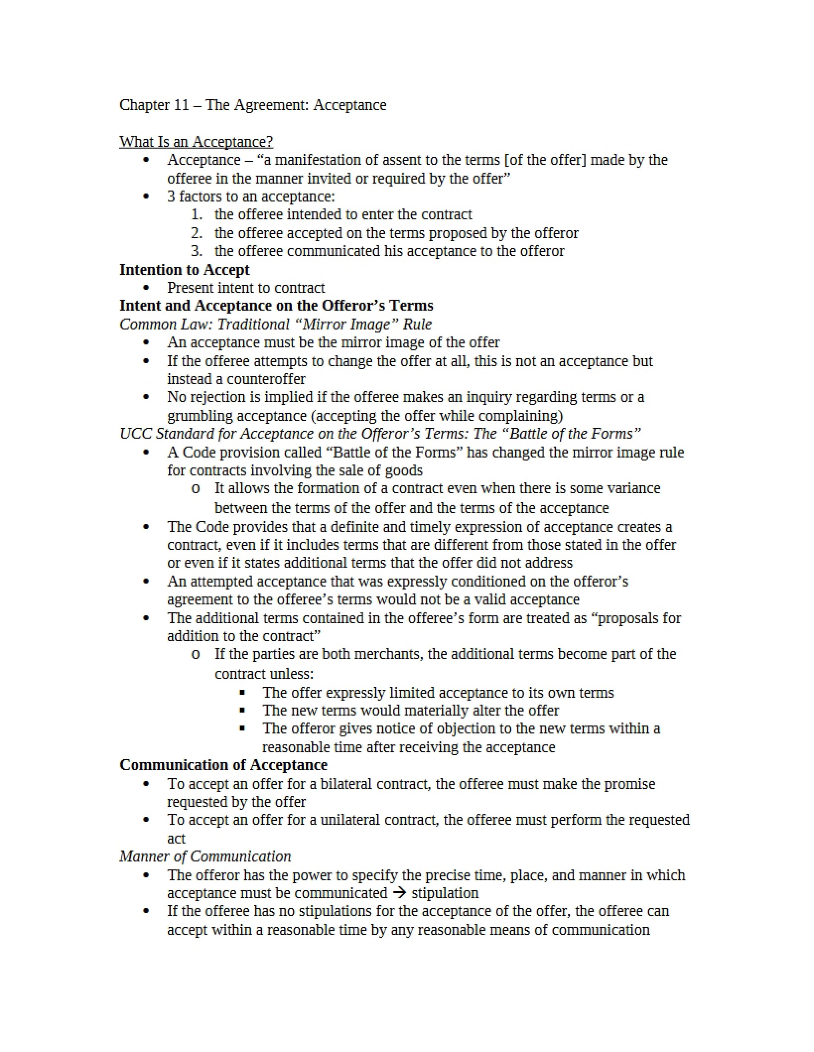 Acceptance of Agreement (Chapter 11)