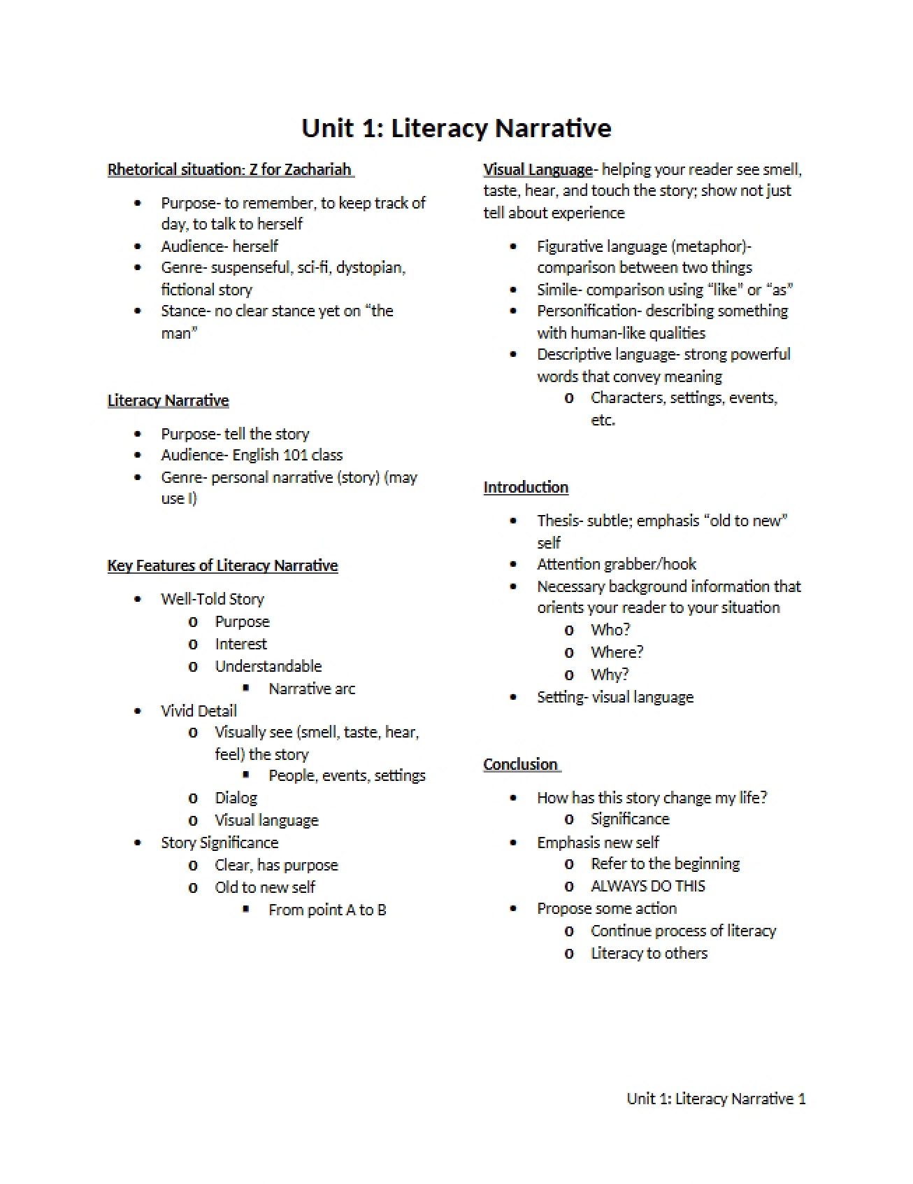 Oral Communication Unit One - Literacy Narrative Assignment