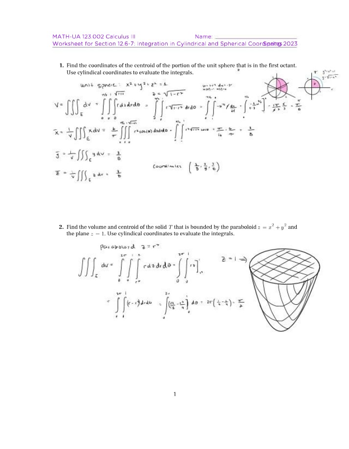 Cylindrical and Spherical Coordinates Worksheet