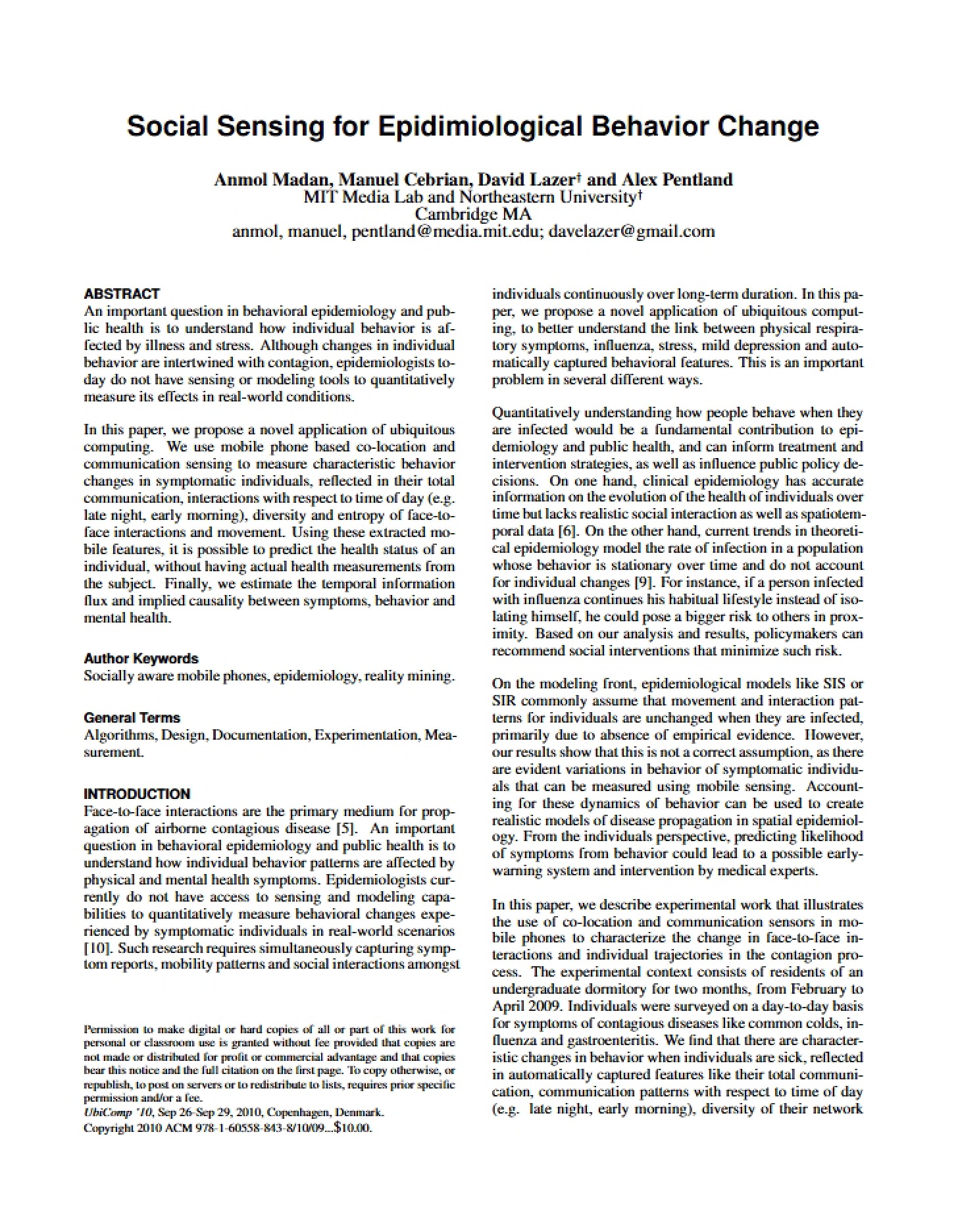 Epidemiological Behavior Change Social Sensing - 9 Pages