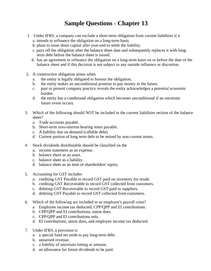 Sample Questions for Chapter 13
