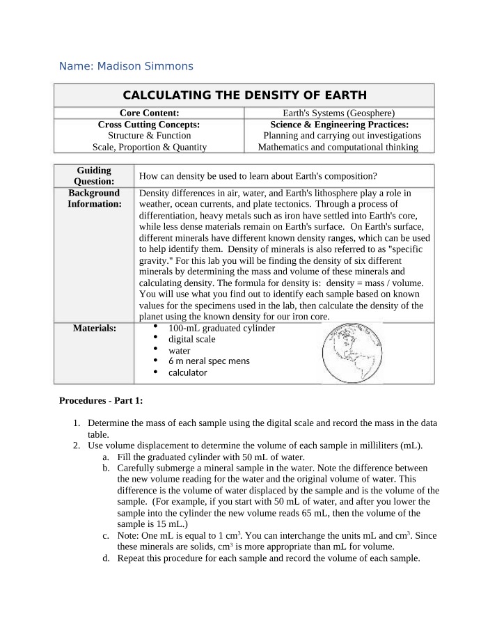 Lab on Calculating Earth's Density
