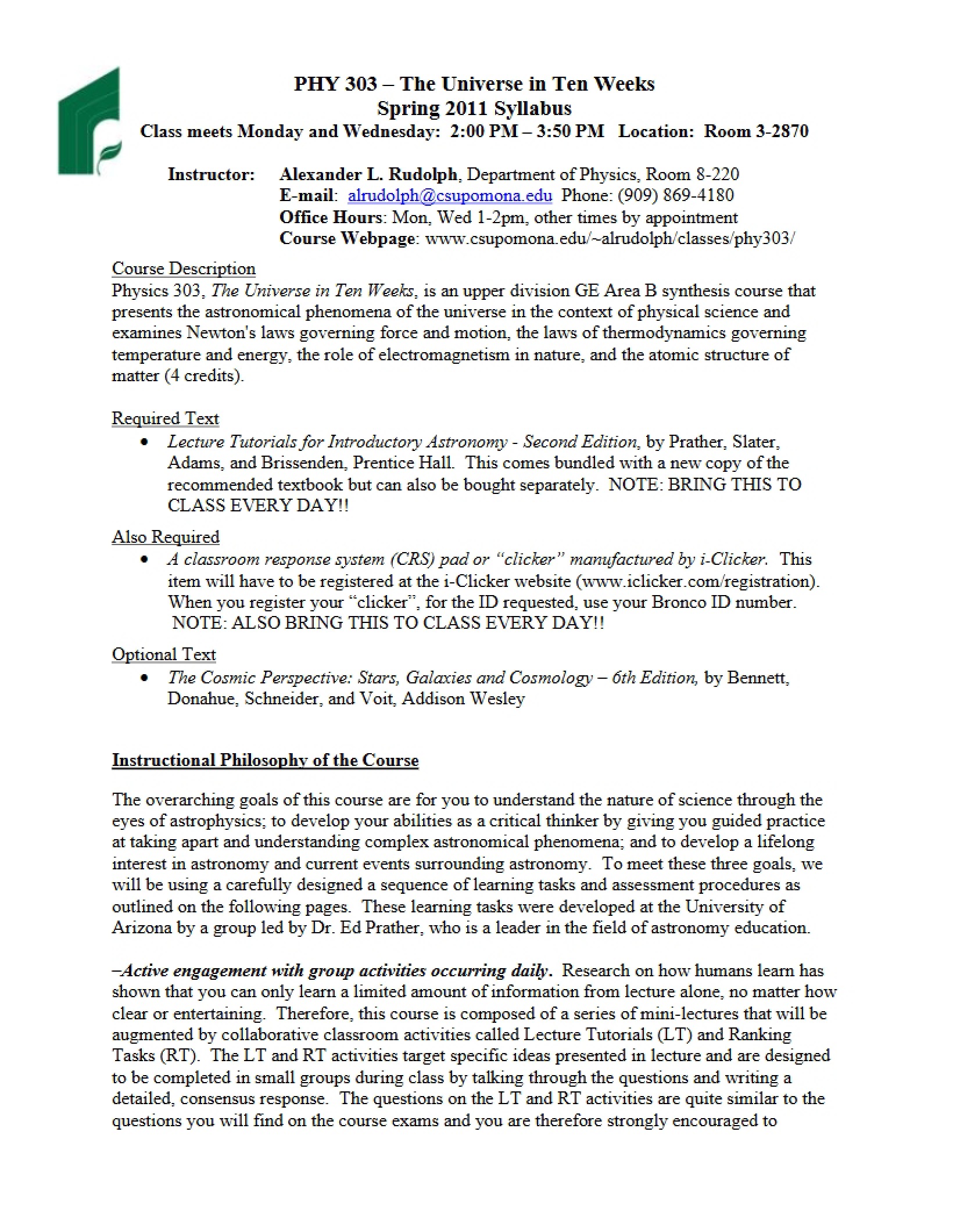 Universe in Ten Weeks Syllabus