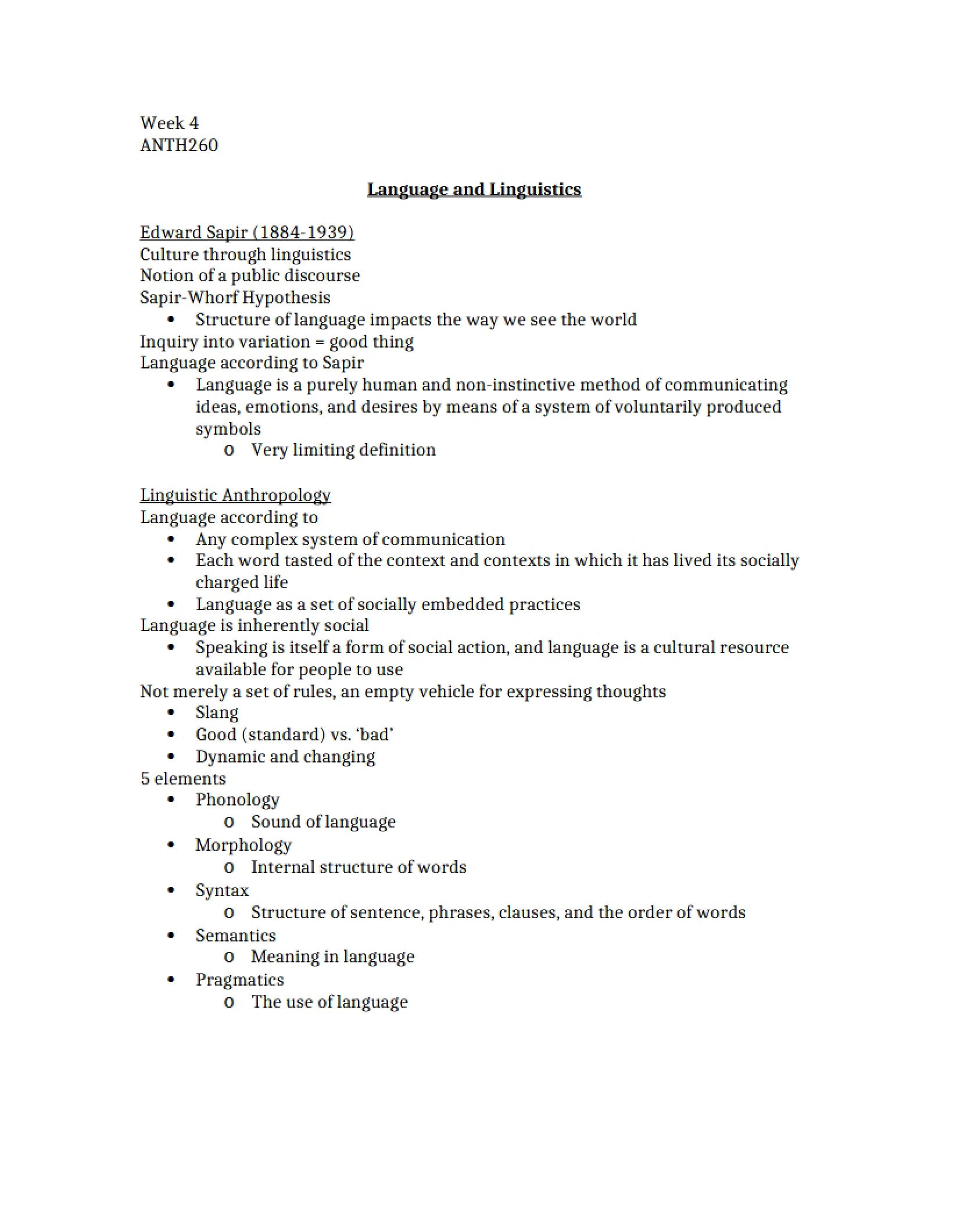 Linguistics and Language - ANTH 260