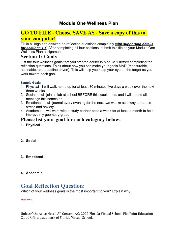 Wellness Plan for Module One