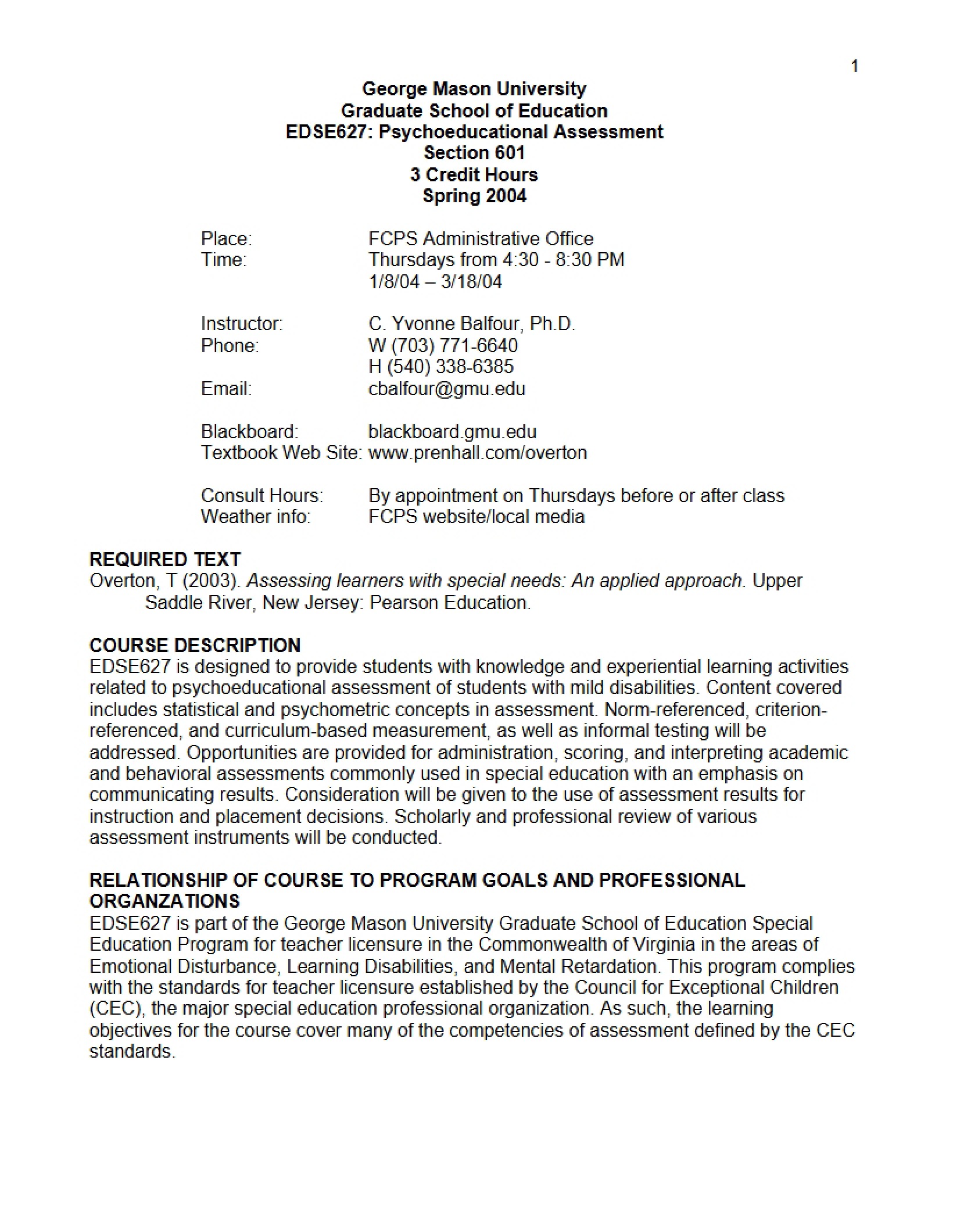 Course Syllabus for Assessment