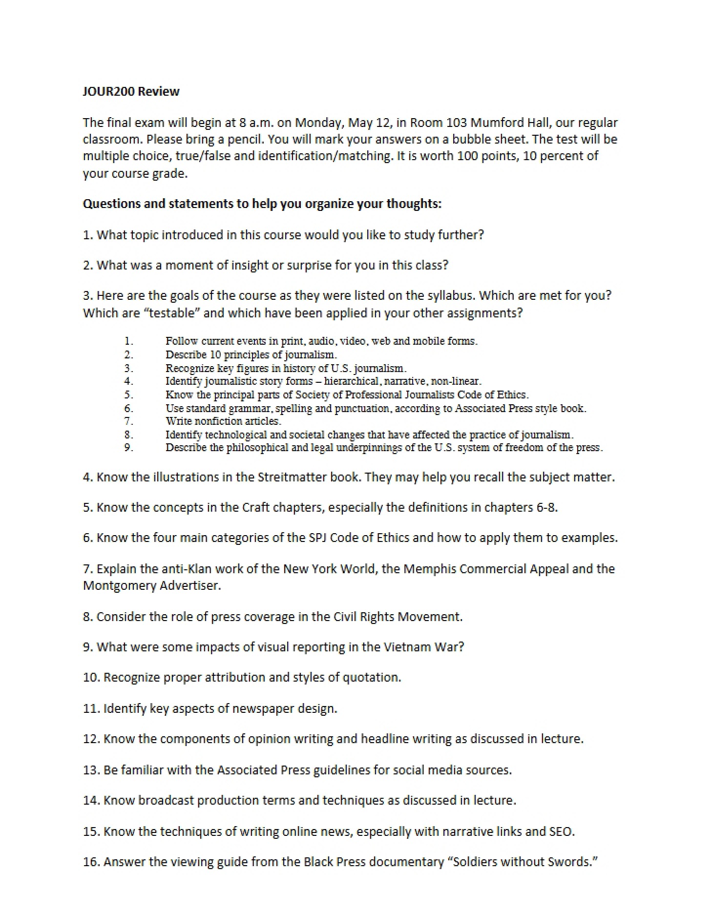Final Exam Review for Journalism 200