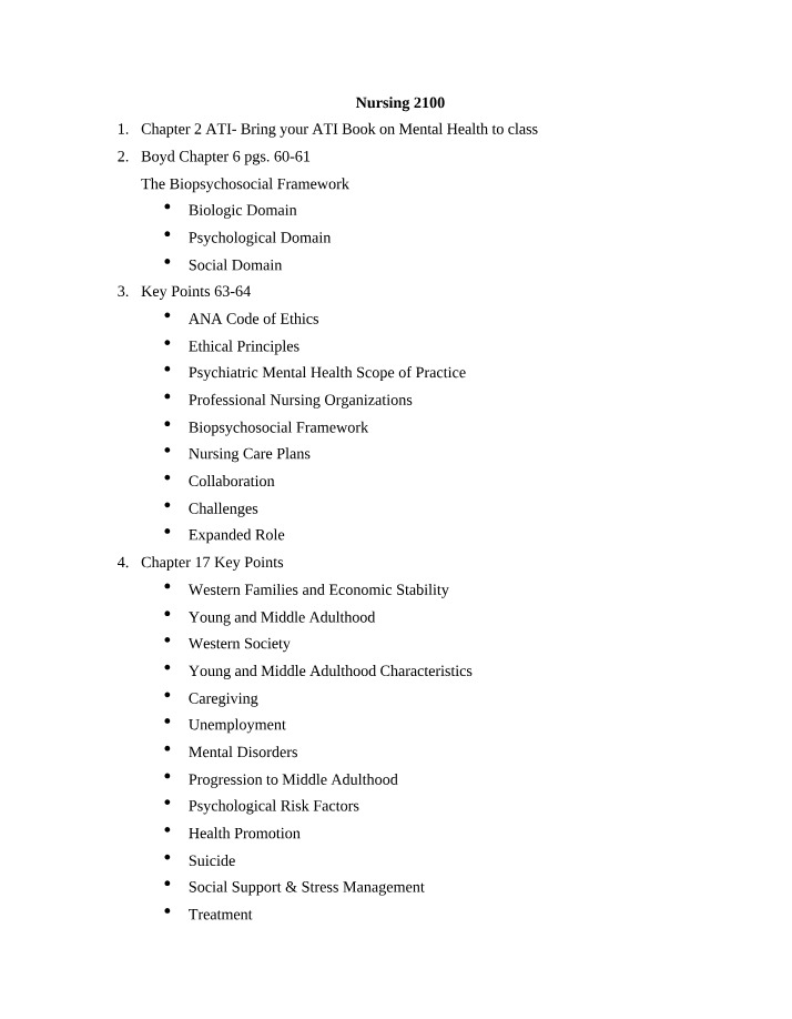 Mental Health Key Points for Nursing 2100