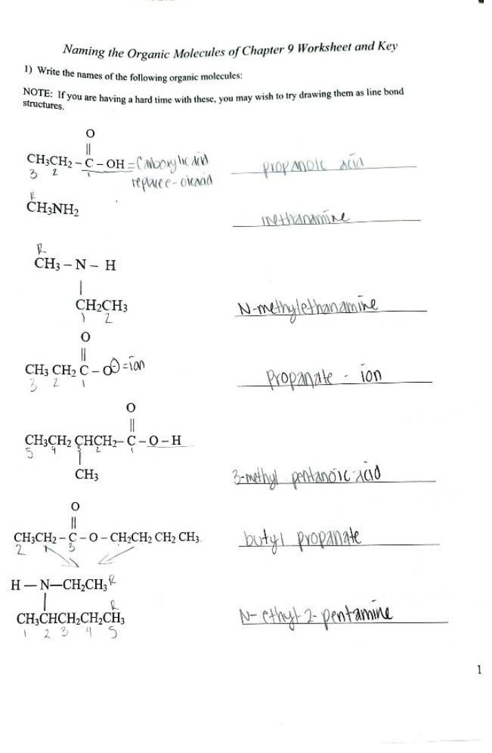 Chapter 9 - Naming Organic Molecules Worksheet and Key