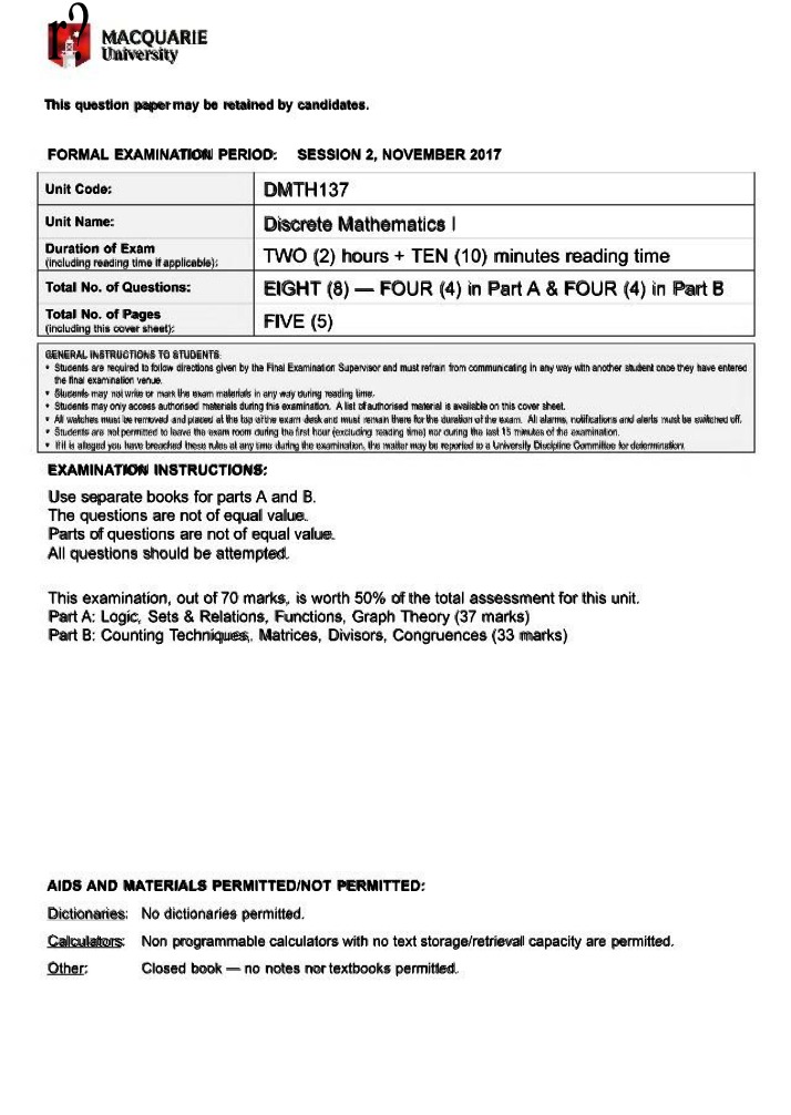 Exam Paper and Instructions - Discrete Mathematics I