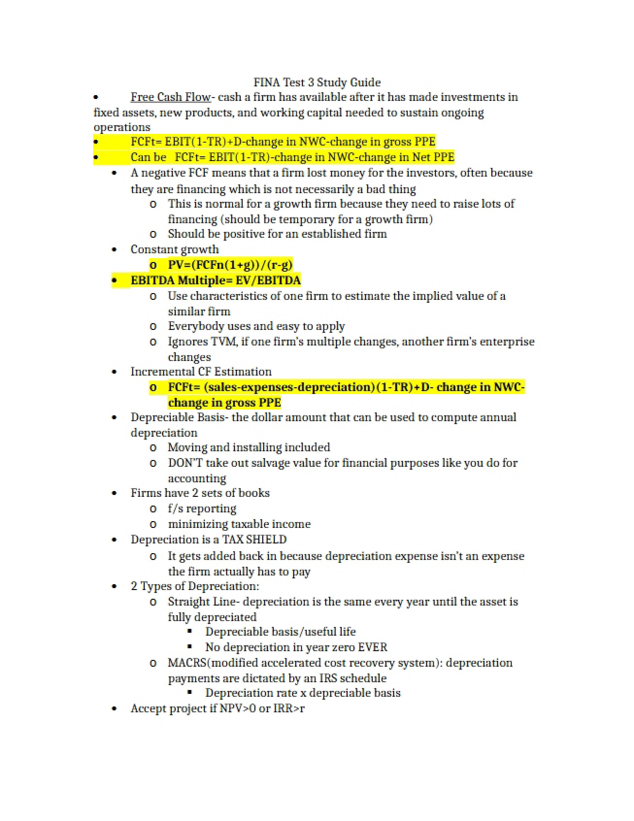 Study Guide for FINA Test 3