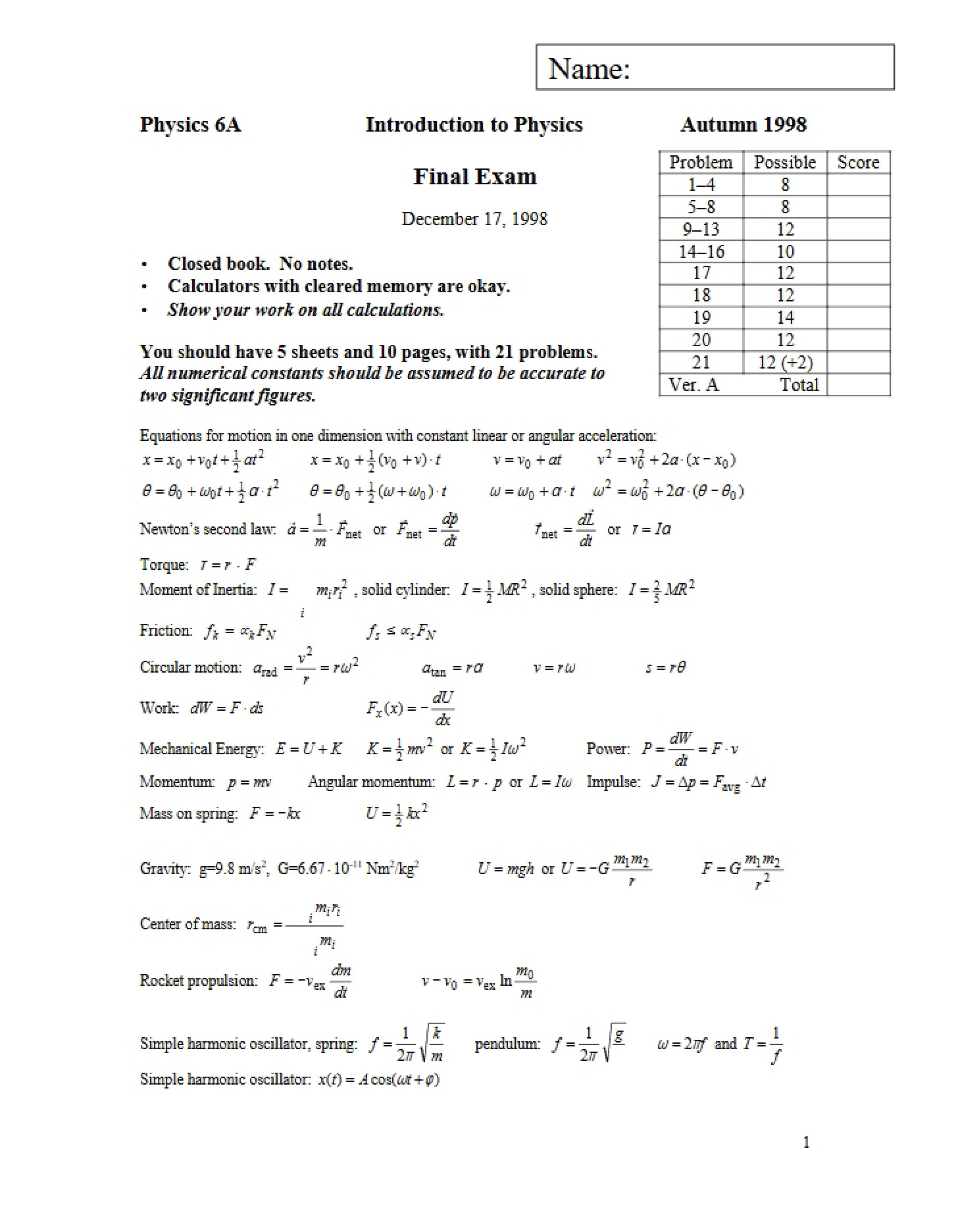 Final Exam Physics 6A