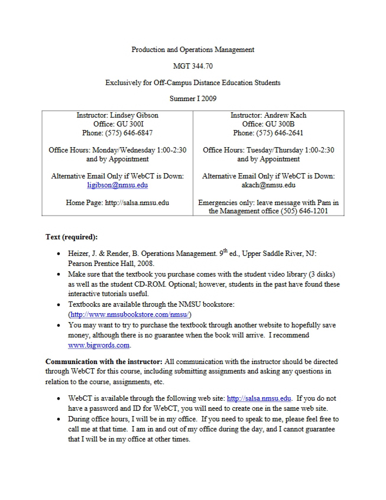 Production and Operations Management (Web) Syllabus - Summer I 2009 - Gibson