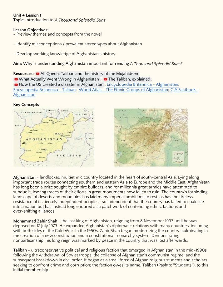 Afghanistan KWL Chart - Thematic Anticipation