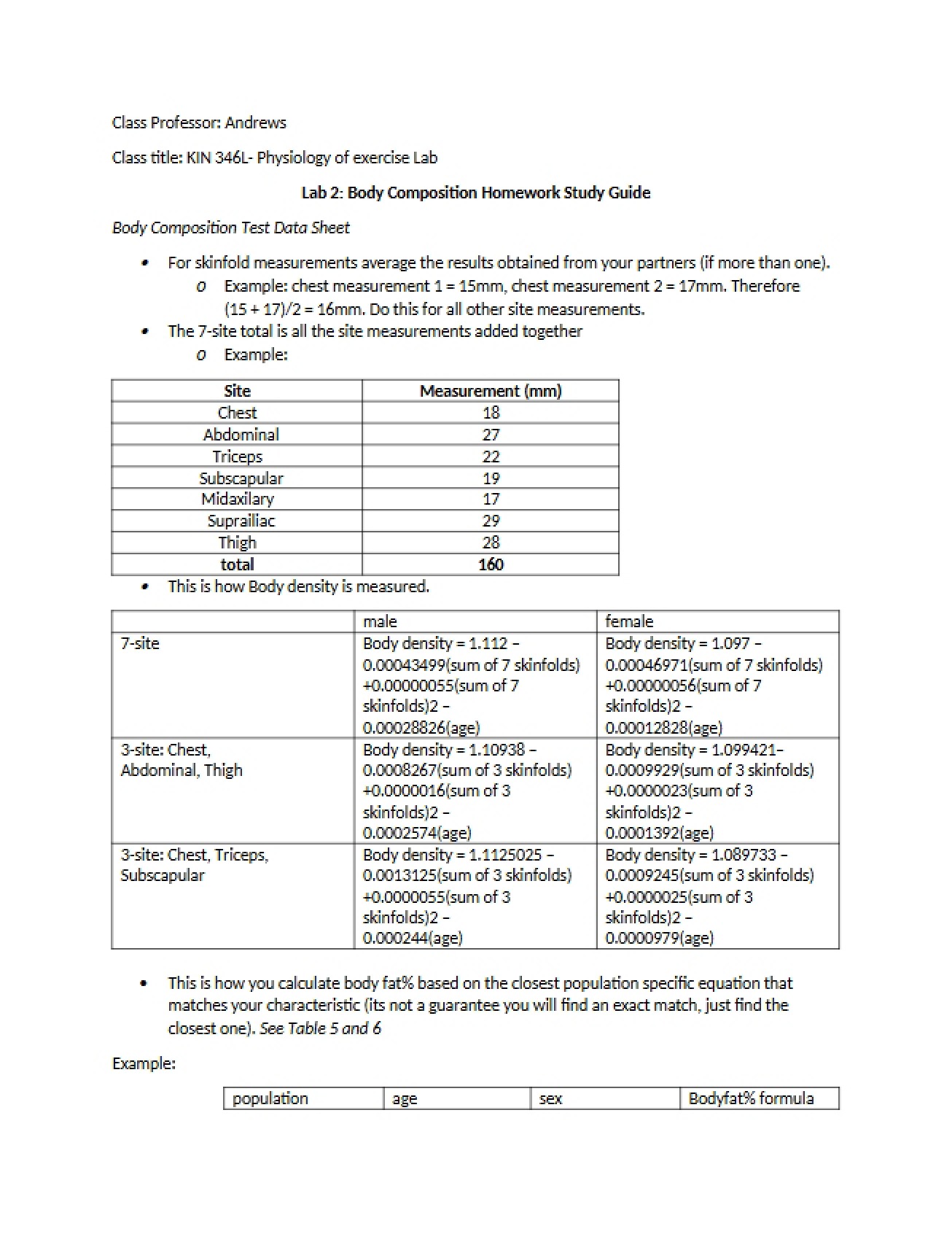 Body Composition Lab Two
