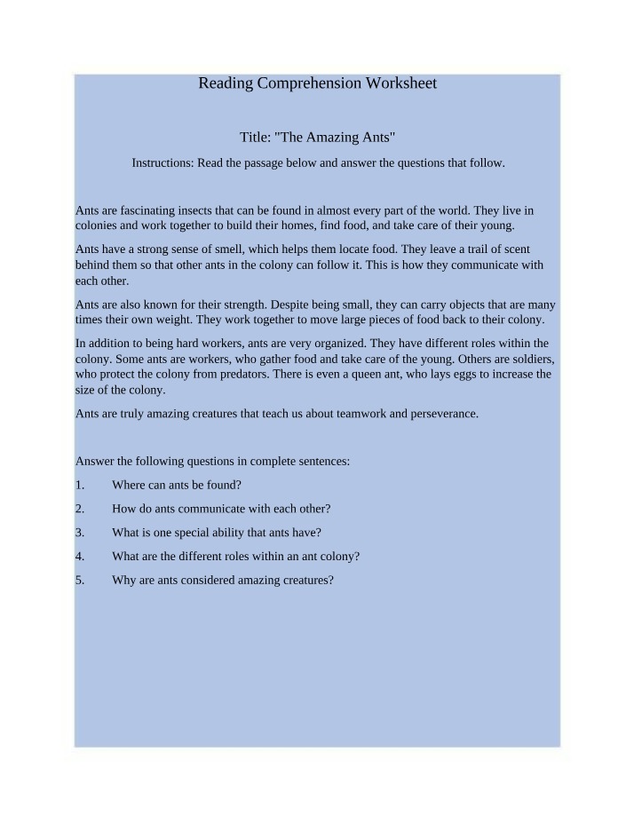 Worksheet for Reading Comprehension