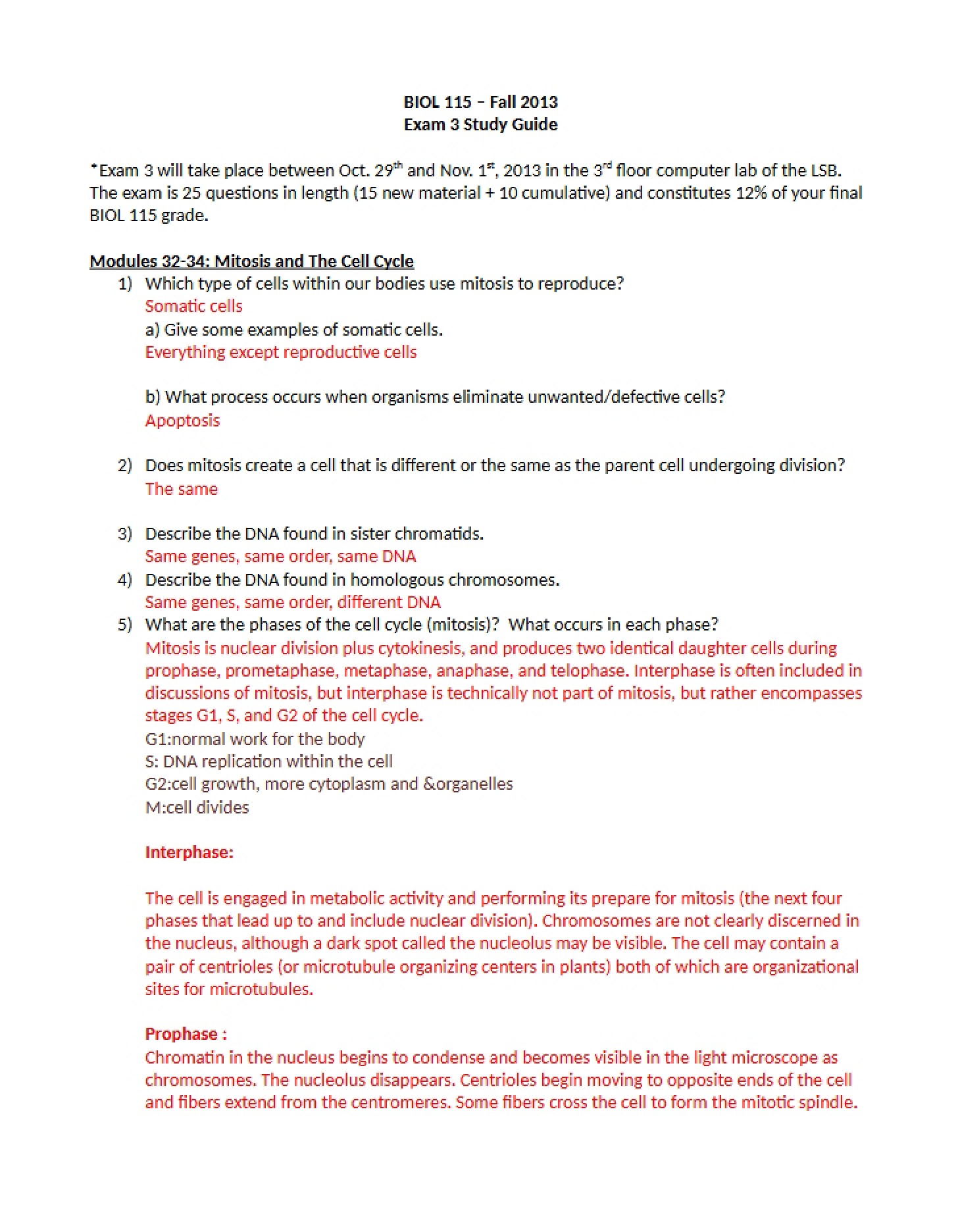 Study Materials for Bio115 Exam 3