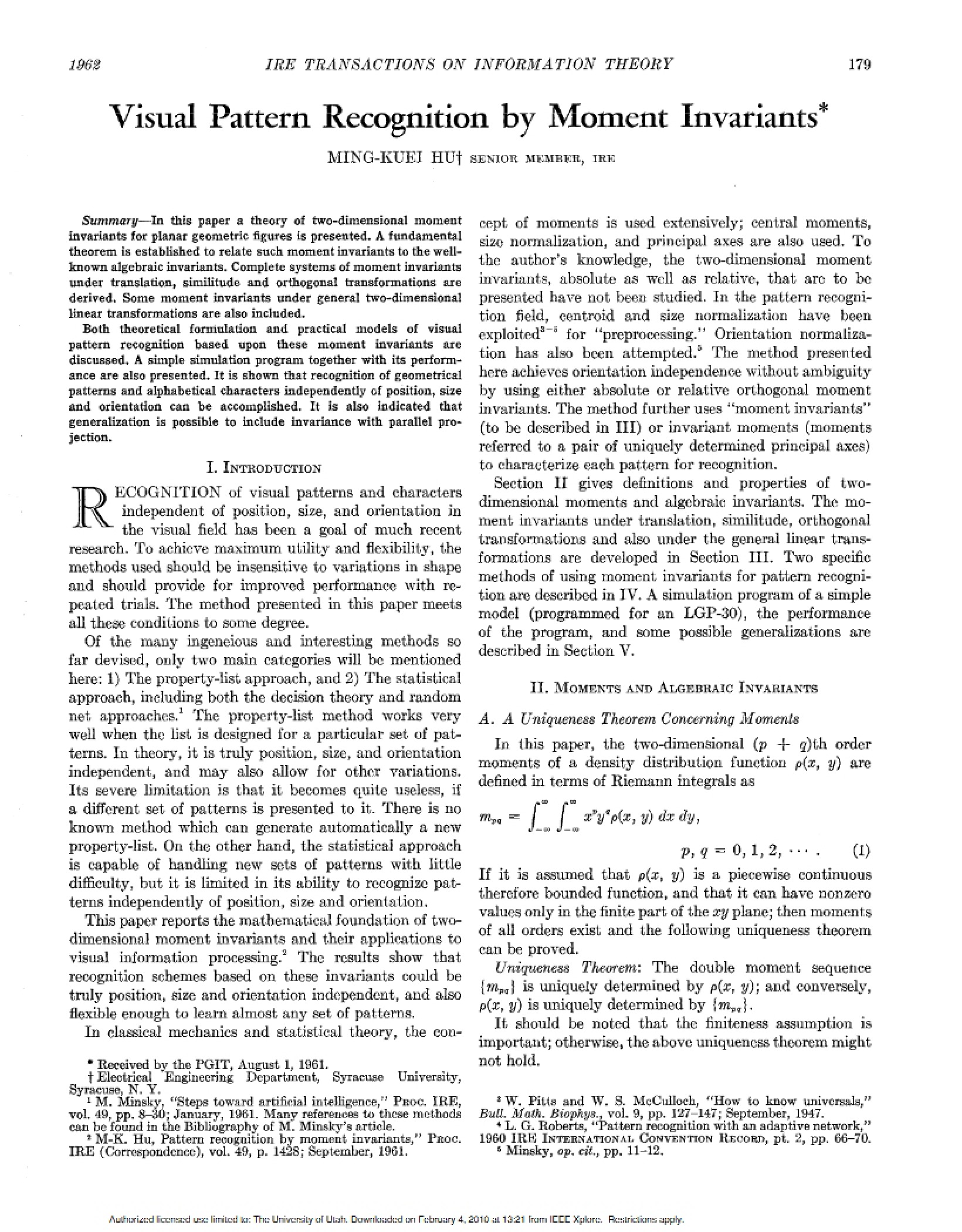 Moment Invariants for Visual Pattern Recognition