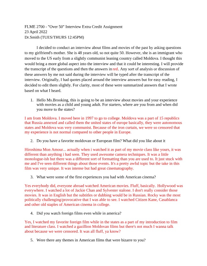 FLME 2700 - Over 50 Interview Extra Credit