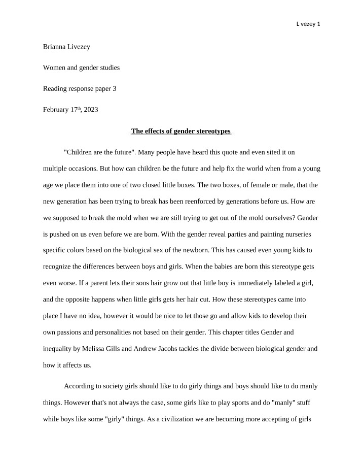 Reading Response Paper 3 - Effects of Gender Stereotypes