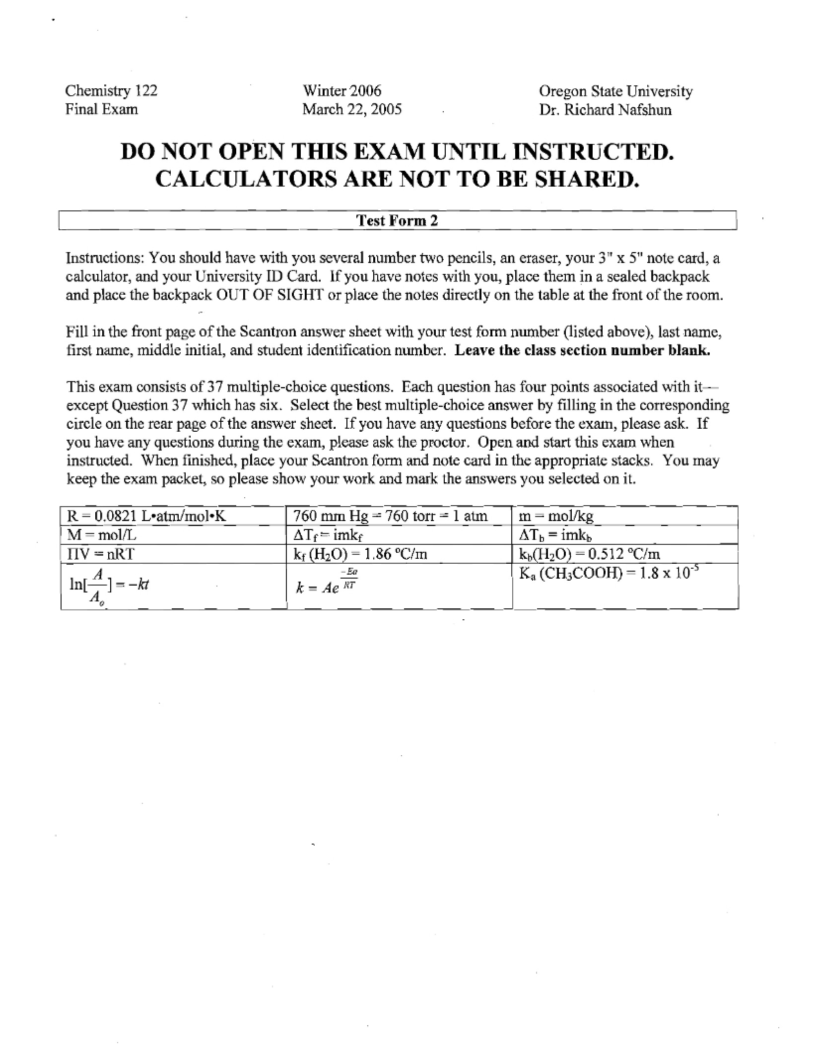 Chemistry 122 Final Examination