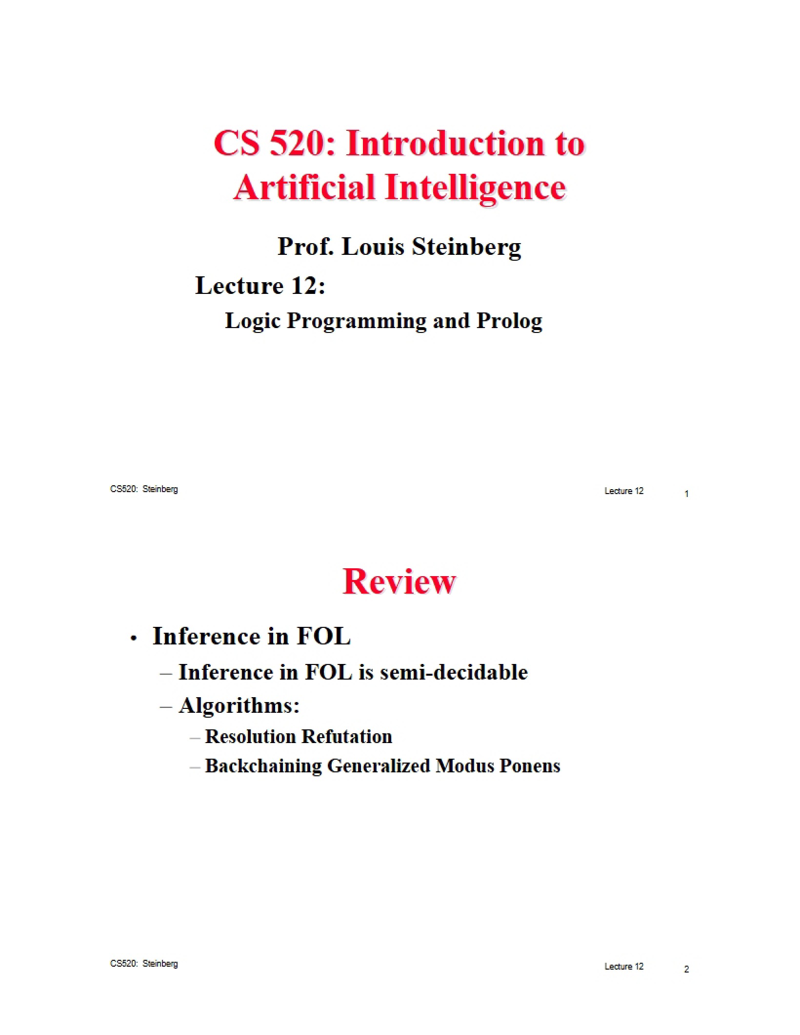Logic Programming Lecture 12