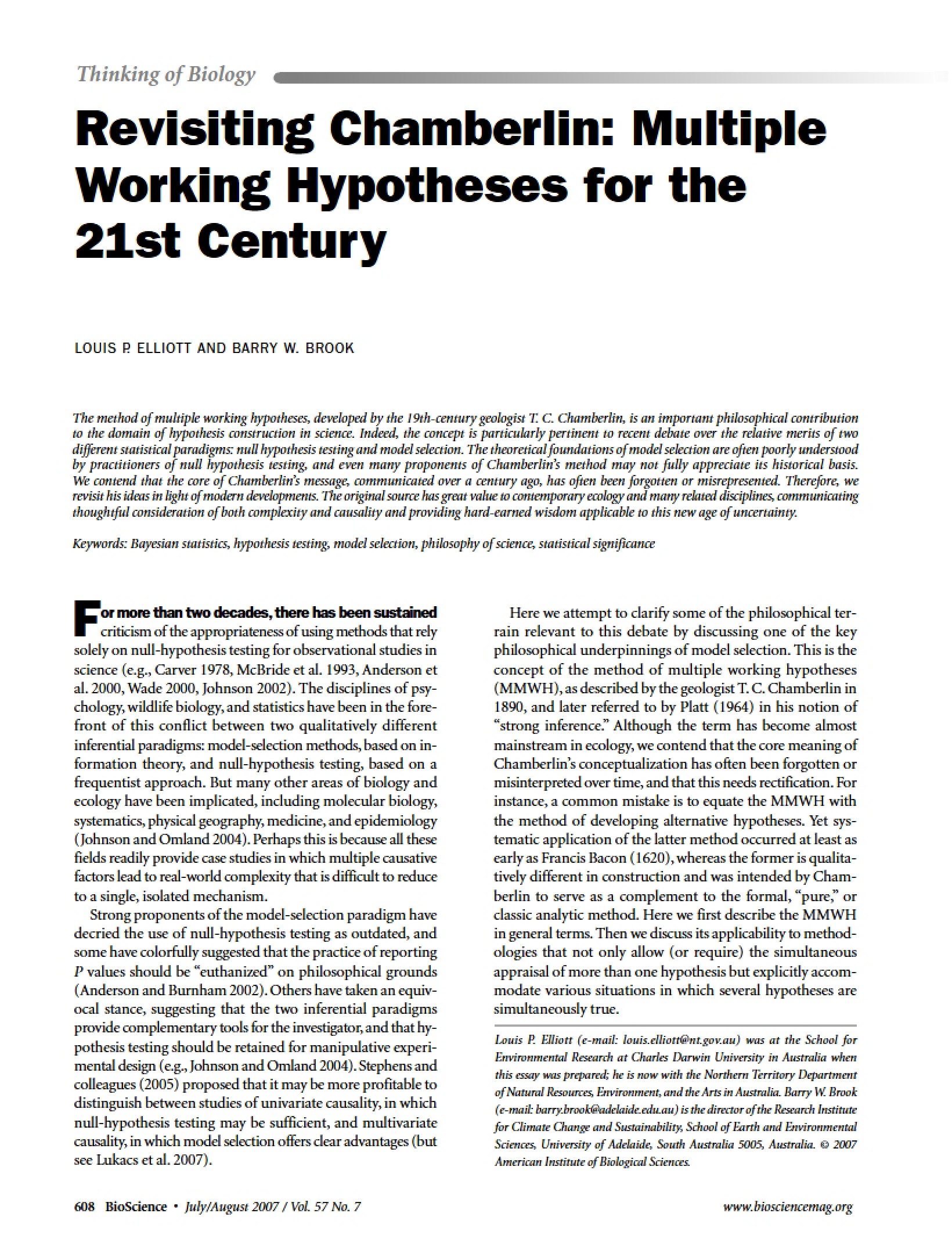 Multiple Working Hypotheses Revisiting Chamberlin