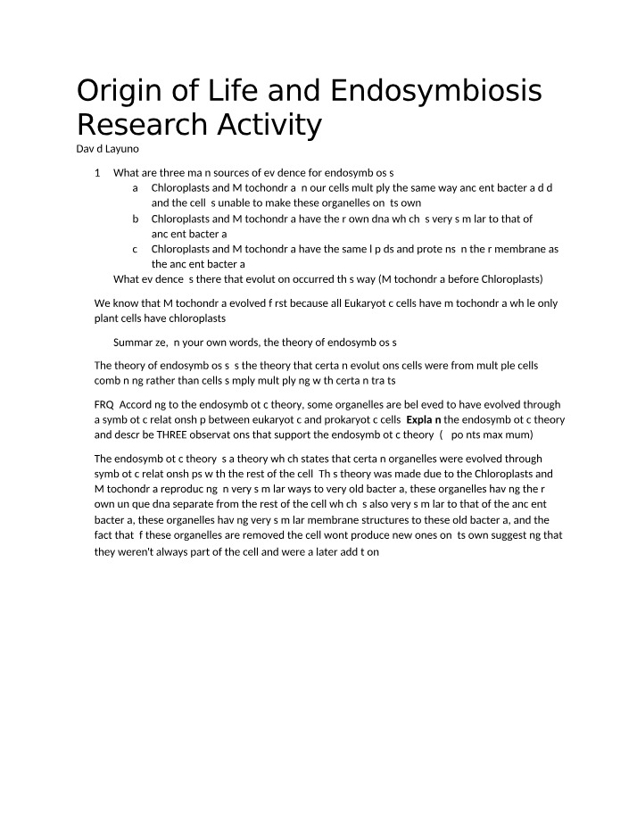 Origin of Life and Endosymbiosis - Research Activity