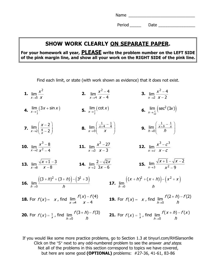 Analytical Limits - Homework Problems