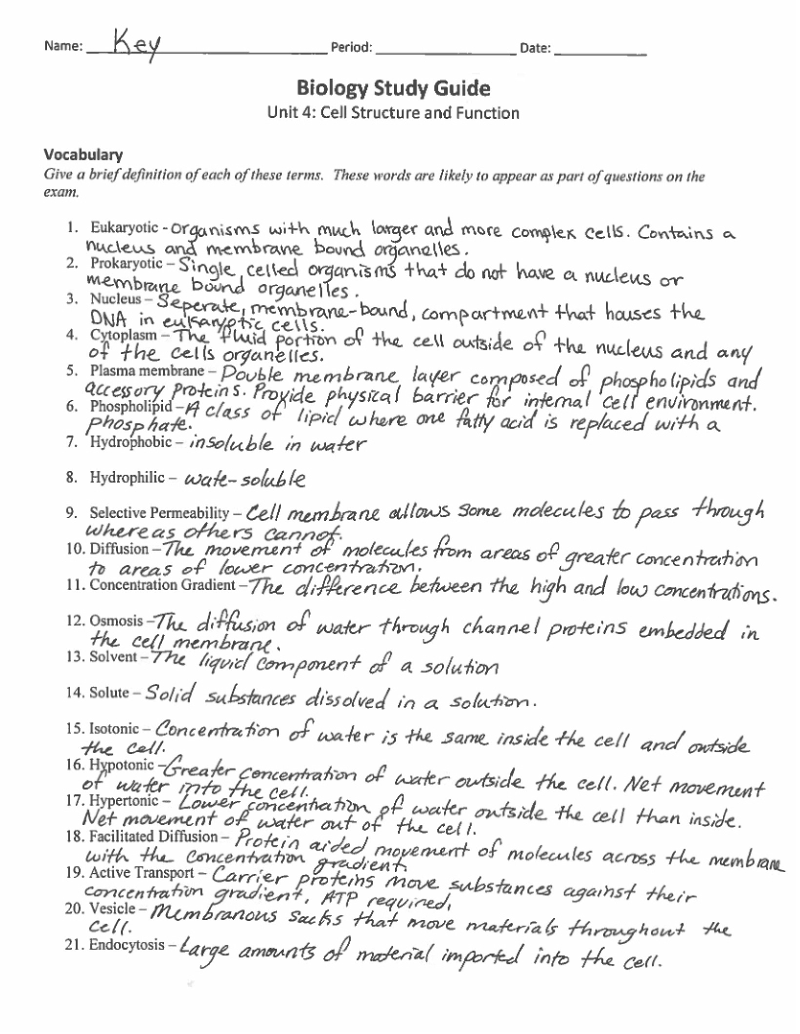 Answer Key for Cell Study Guide