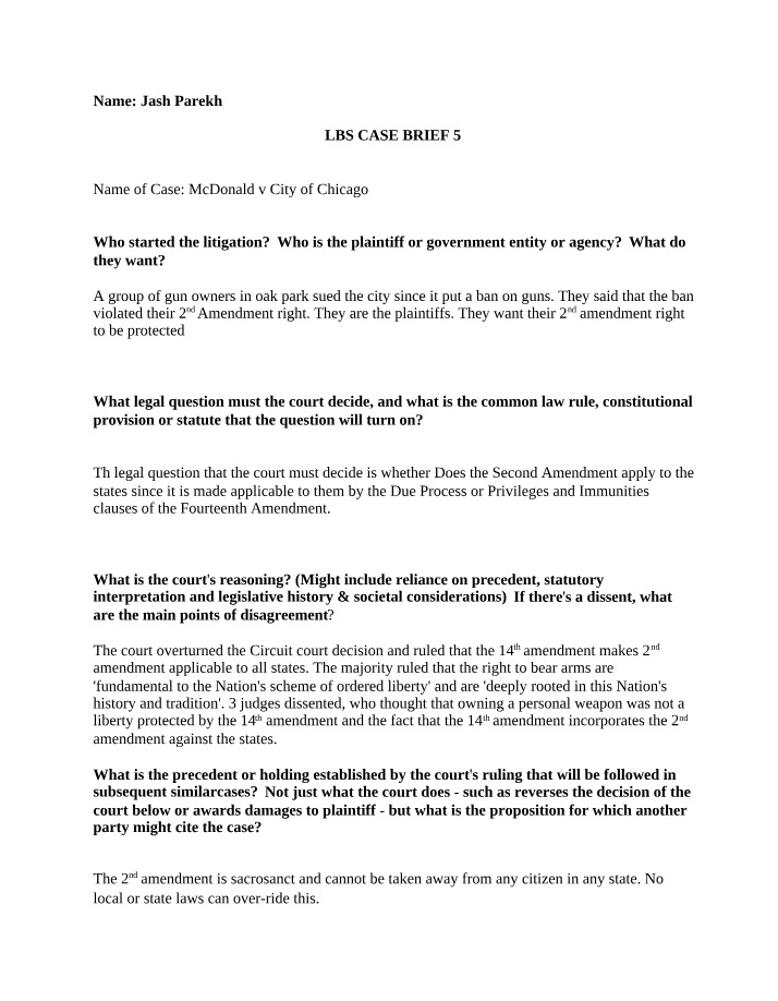 Case Briefs - McDonald, Plessy, and Brown