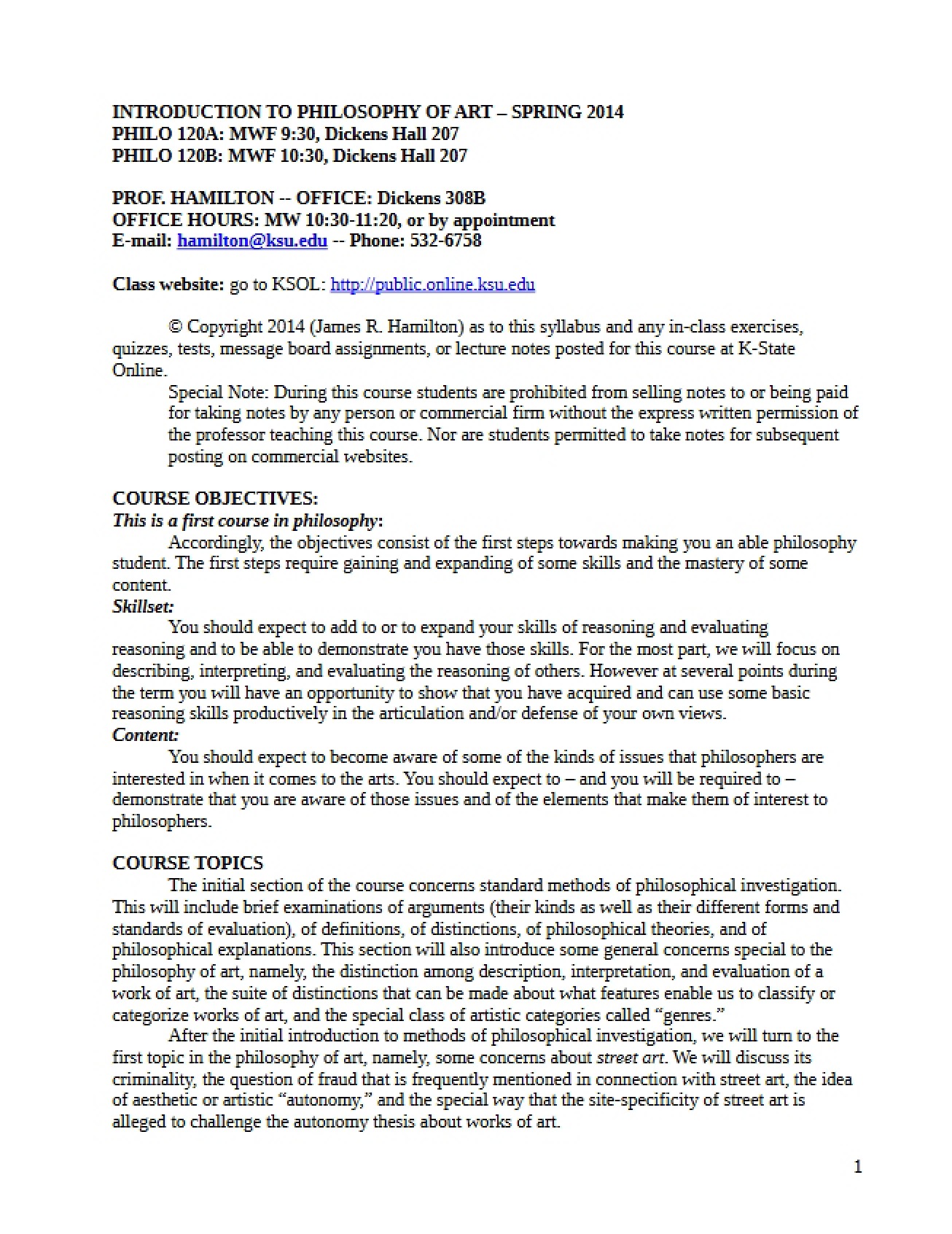 Syllabus for a Course on Introduction to the Philosophy of Art