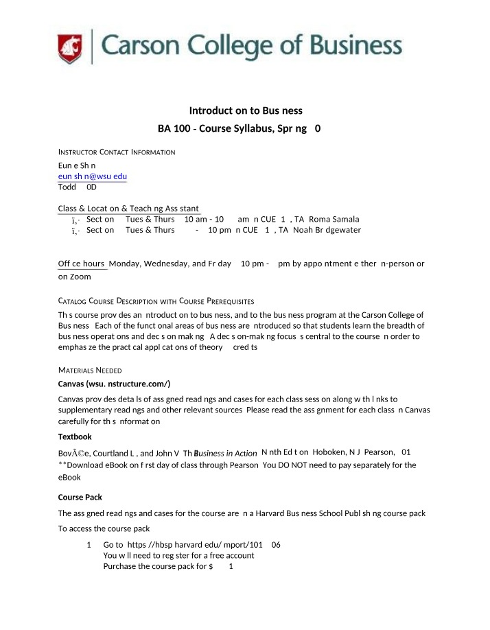 Syllabus for BA 100 Introduction to Business
