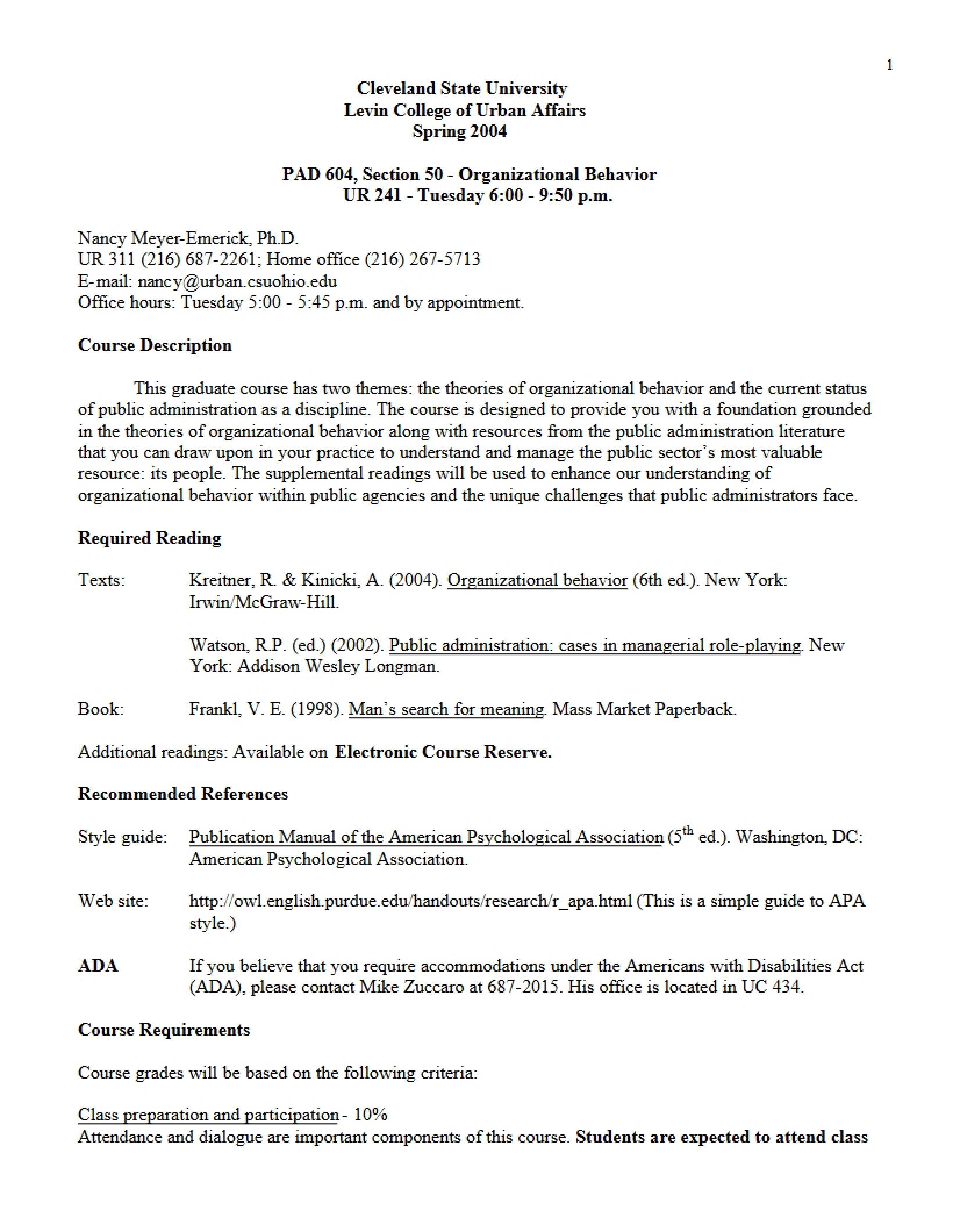 Course Outline Organizational Behavior
