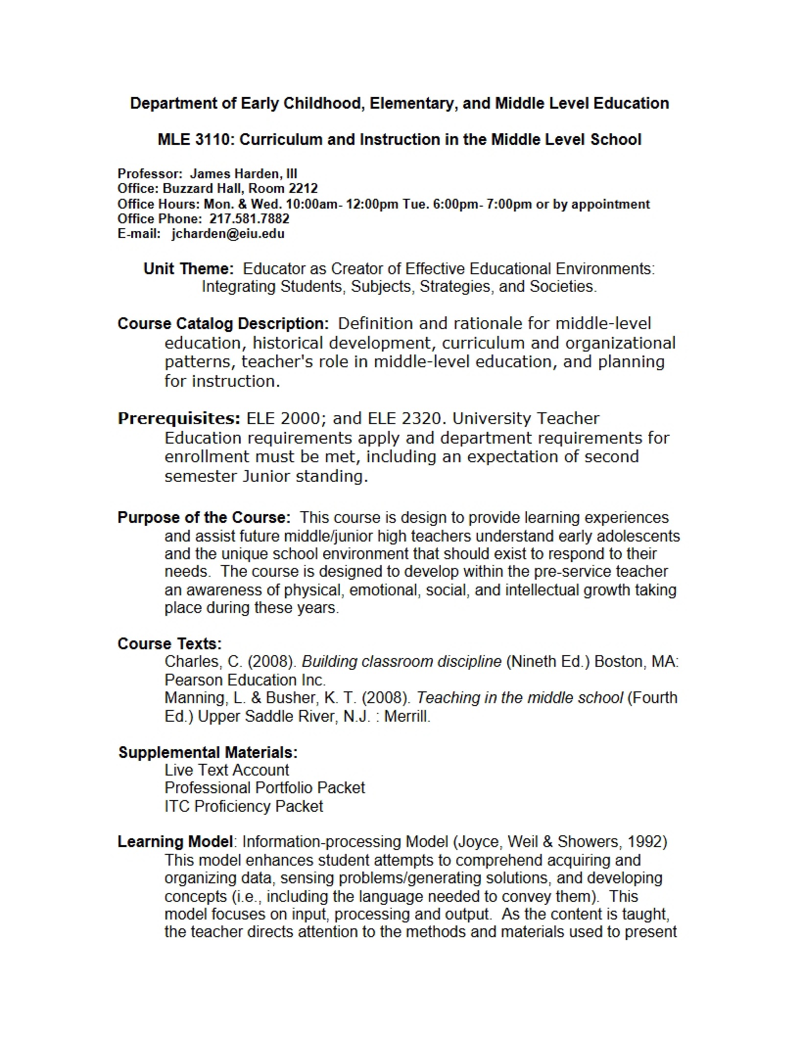 Syllabus for Curriculum in Middle Level School (8)