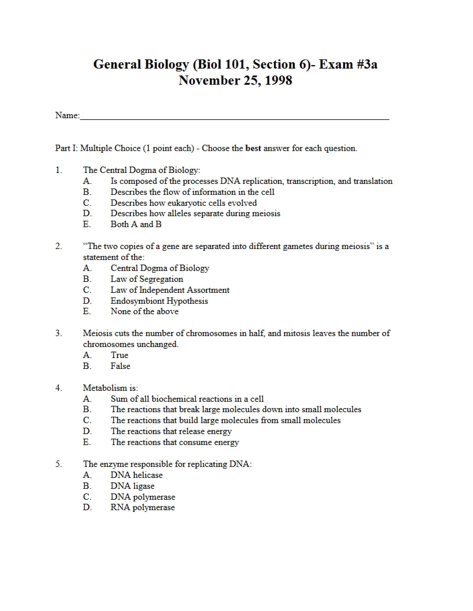 General Biology Exam