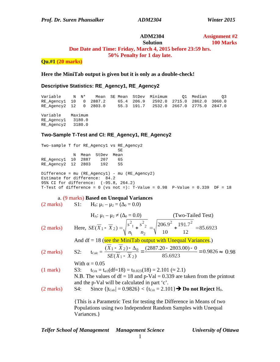 ADM 2304 - Statistics Exam Solutions