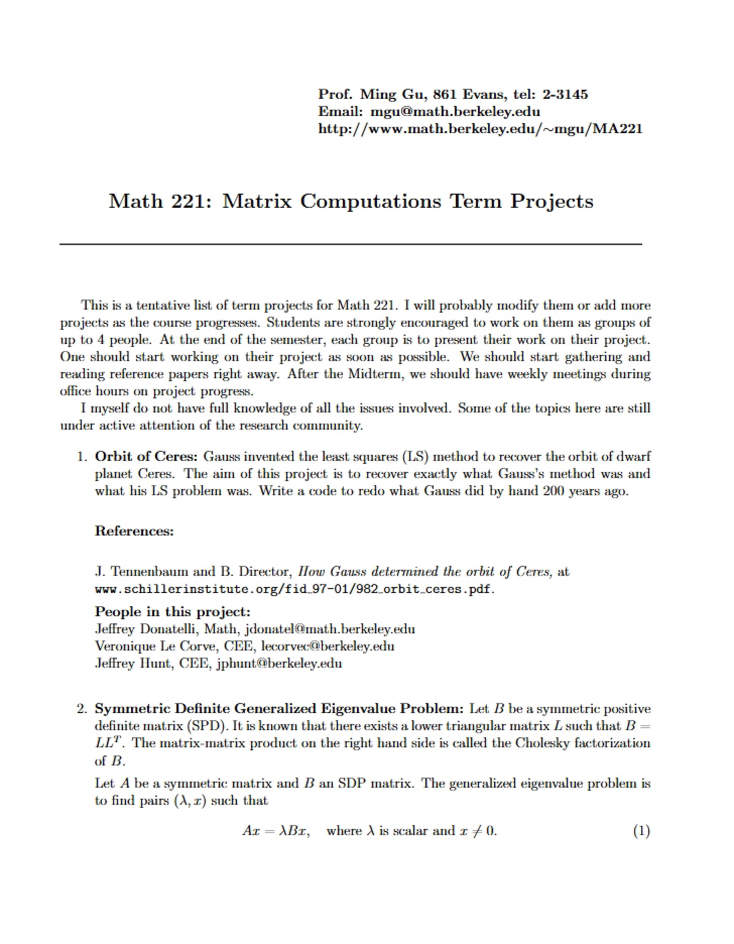 Term Projects Matrix Computations