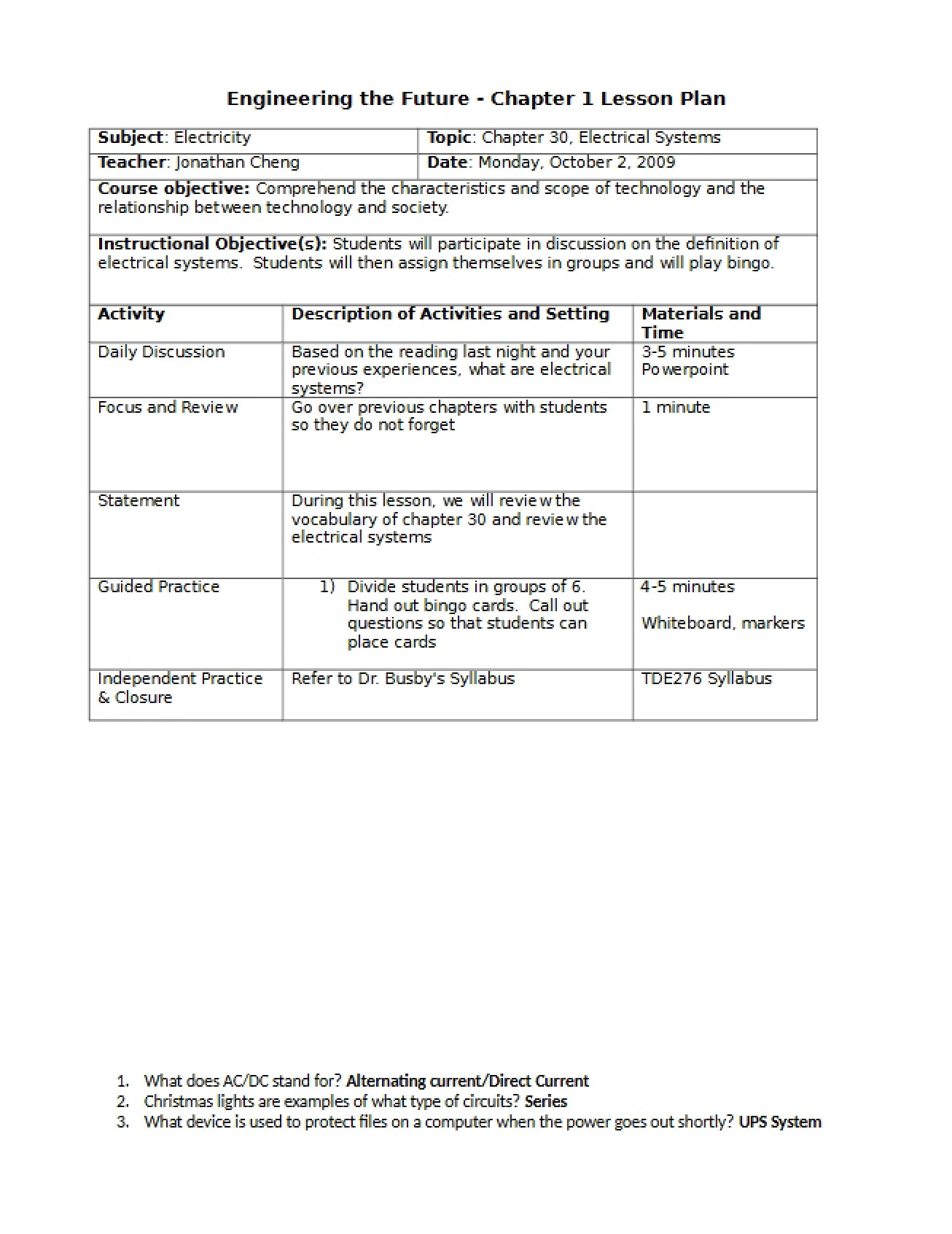 Lesson Plan Engineering the Future (Chapter 1)