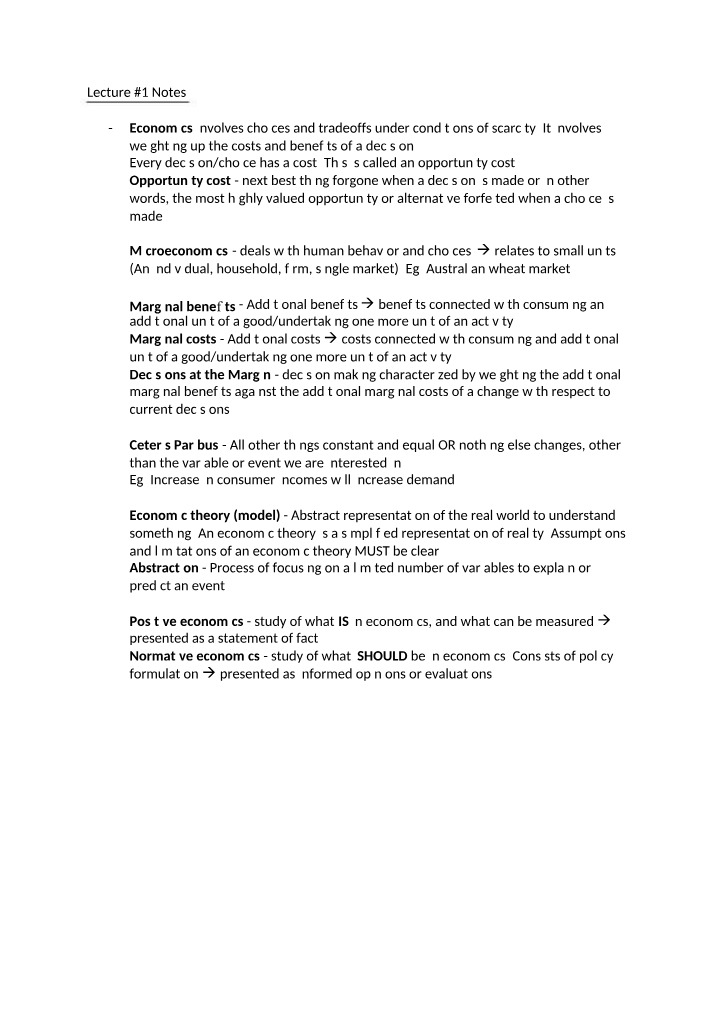 ECON1001 Lecture 1 Notes