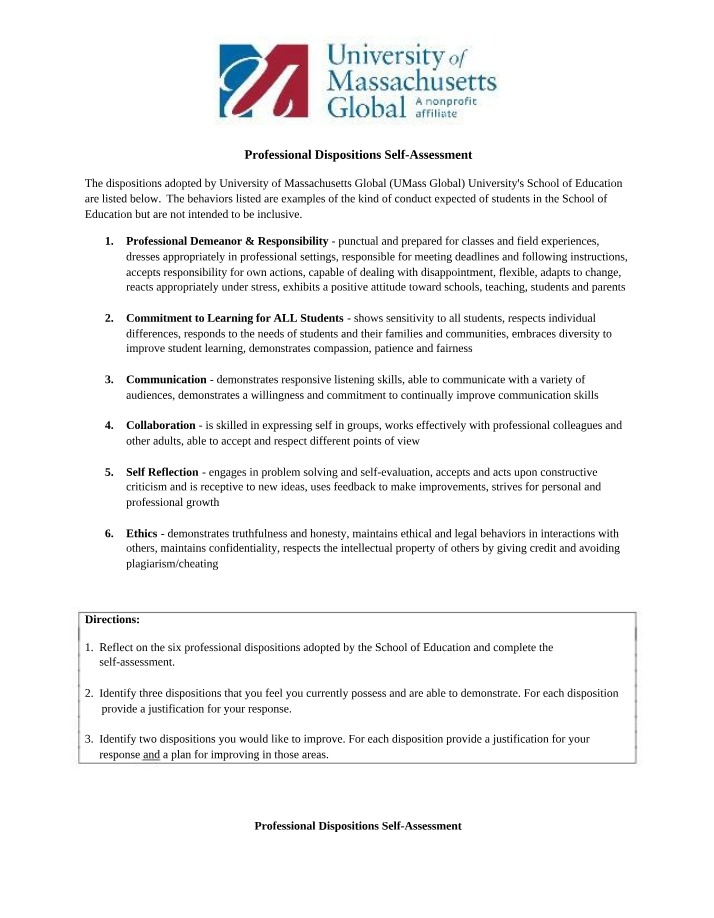 Self-Assessment of Professional Dispositions