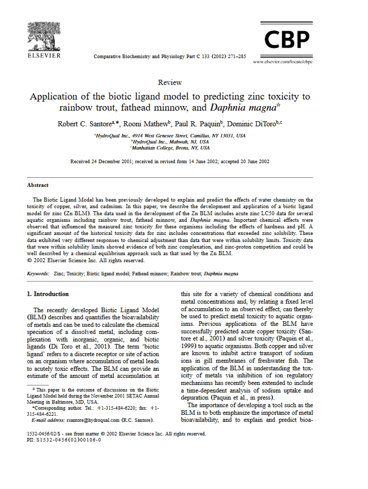 Predicting Zinc Toxicity to Rainbow Trout Biotic Ligand Model Application
